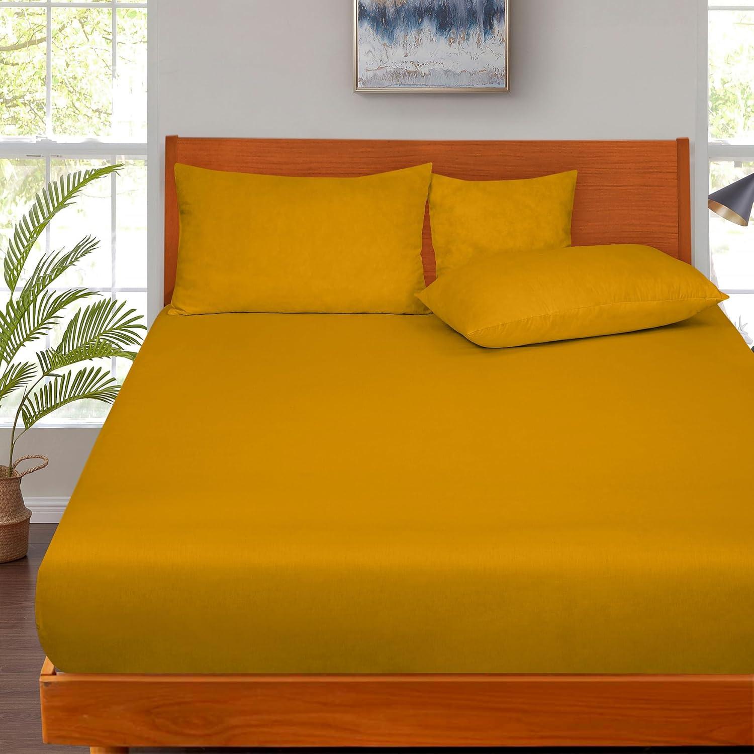 Royale Linen 300 Thread Count 100% Long Staple Combed Cotton Fitted Sheet - Super Soft Deep Pocket Bottom Sheet - Yellow Fitted Sheet Twin Size - Twin Fitted Sheet Only - Elastic Sheet (Twin, Yellow)