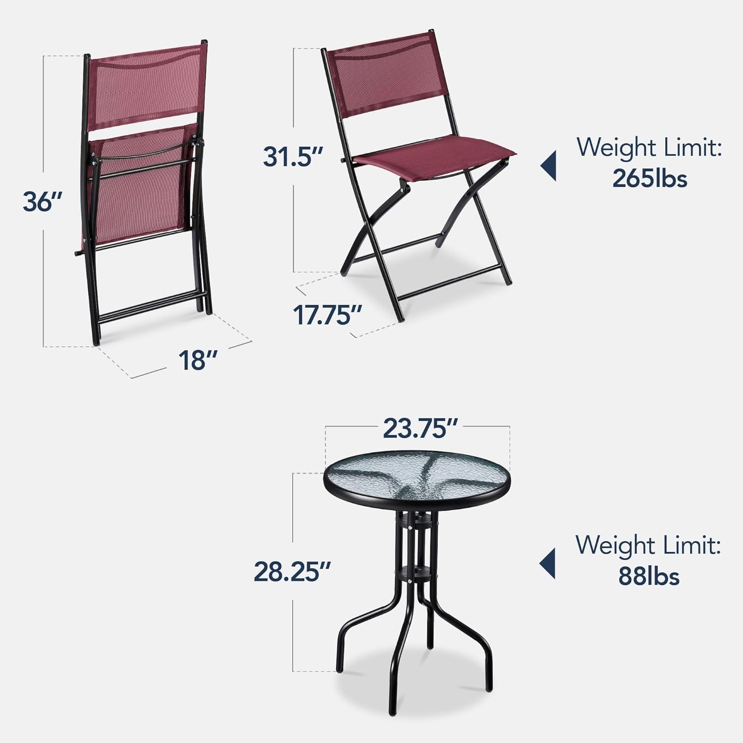Best Choice Products 3-Piece Patio Bistro Dining Furniture Set w/ Glass Tabletop, Folding Chairs - Burgundy