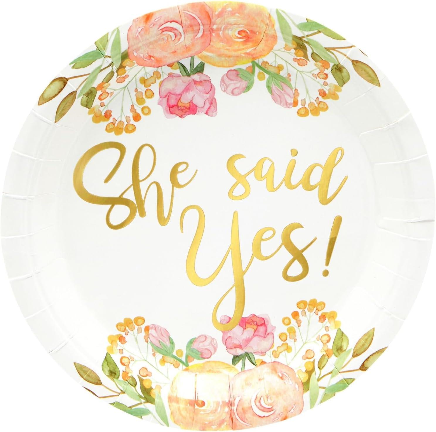 Sparkle and Bash 48-Pack Gold Foil She Said Yes Plates for Engagement Party, Bridal Shower Decorations, Bachelorette, Floral Design, 9 In