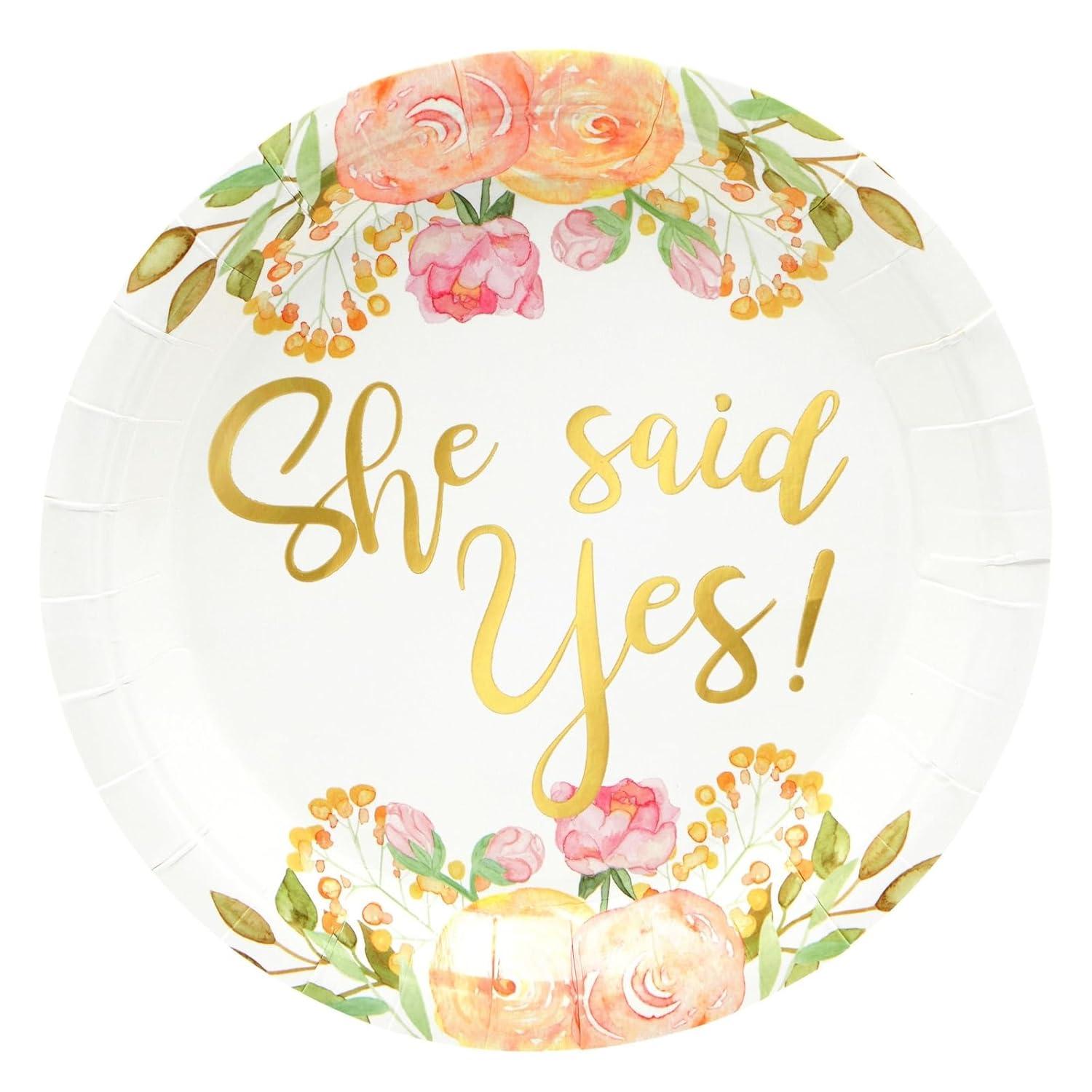 Sparkle and Bash 48-Pack Gold Foil She Said Yes Plates for Engagement Party, Bridal Shower Decorations, Bachelorette, Floral Design, 9 In