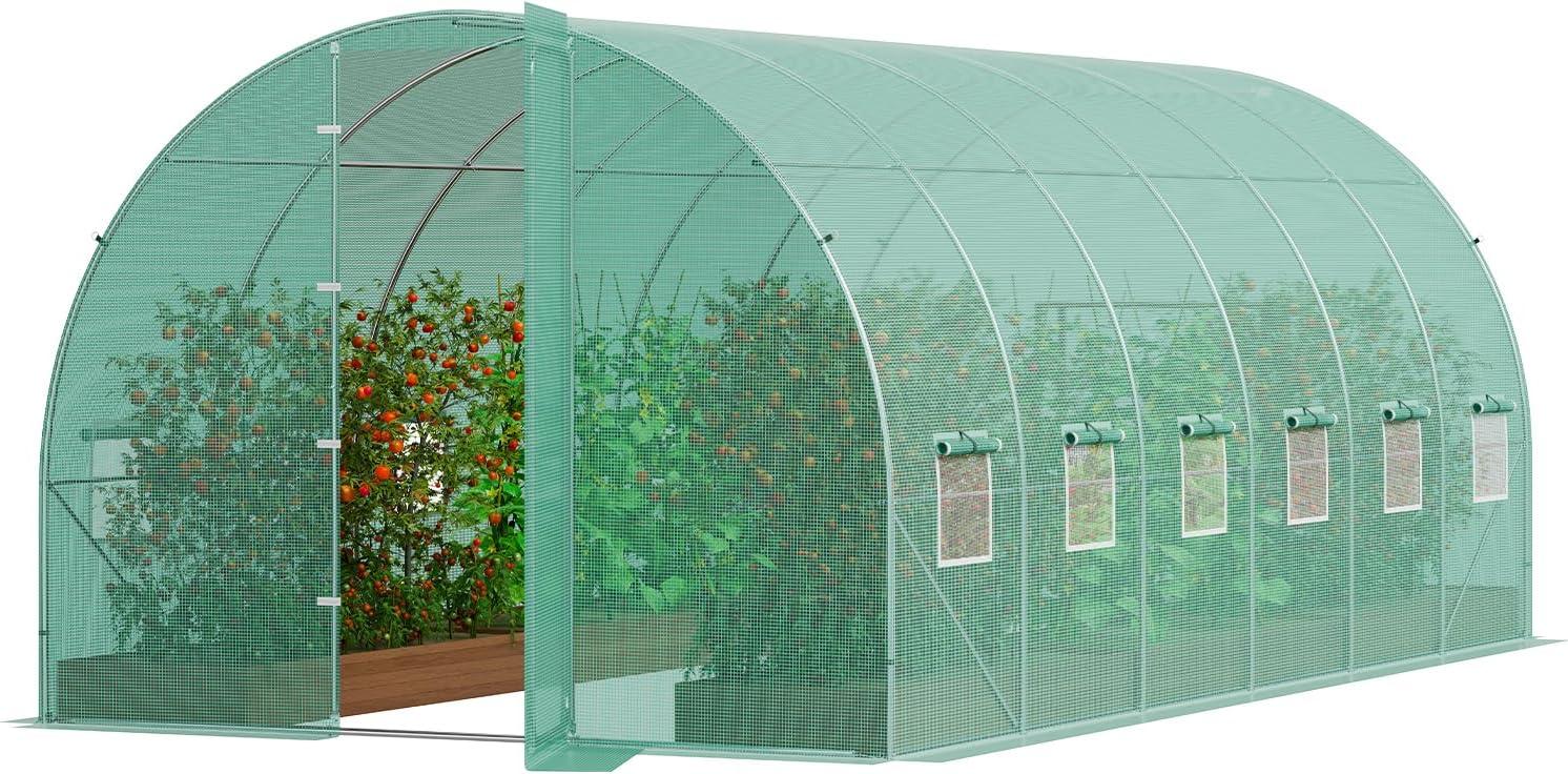 VEVOR Walk-in Tunnel Greenhouse, 27.4x9.5x7.4 ft Hoop House Greenhouse Tunnel, Plant Hot House with Galvanized Steel Frame, Green PE Cover, Swing Door and 16 Roll-up Windows for Outdoor