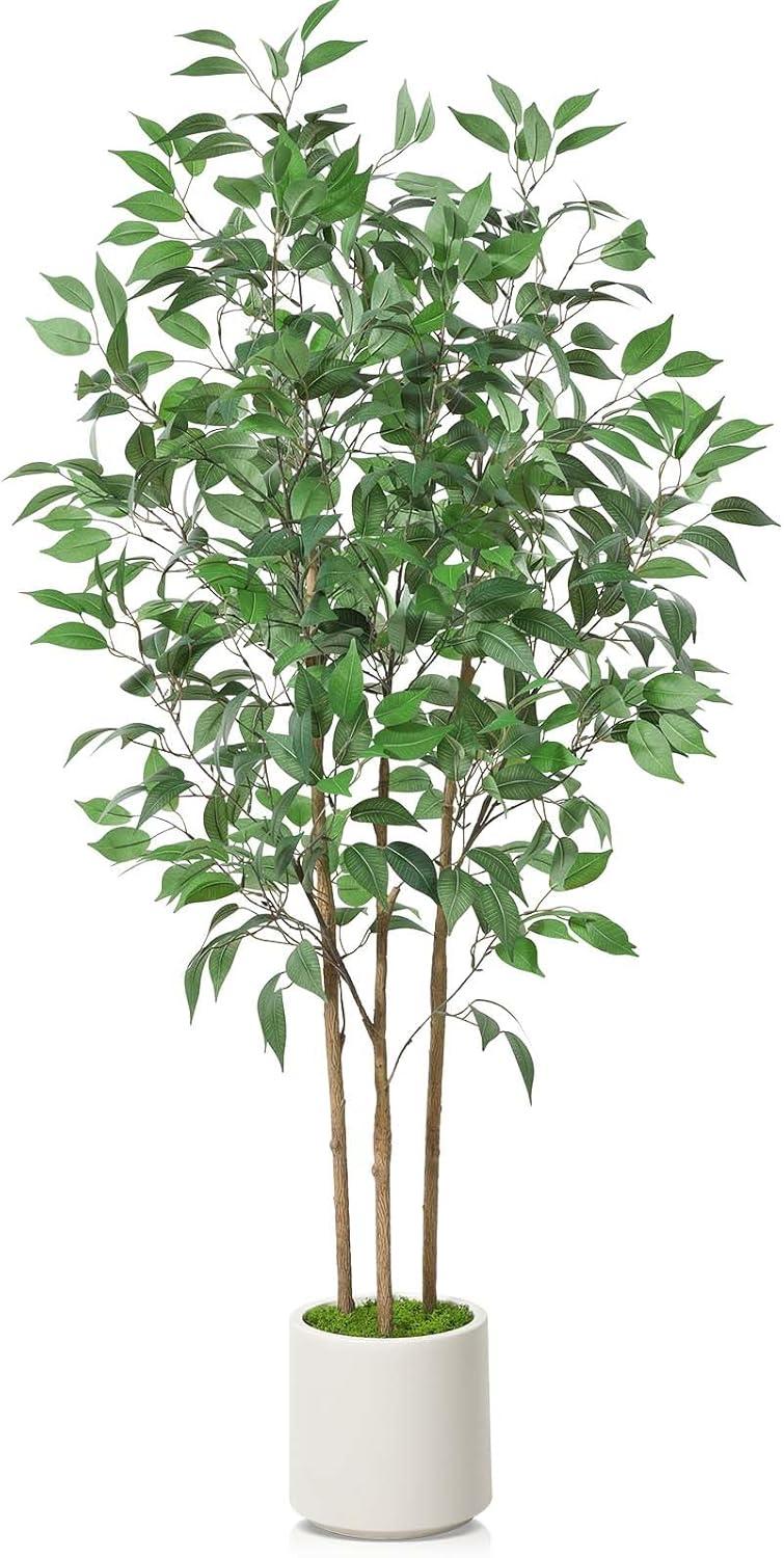 Artificial Tree,5FT Fake Ficus Tree in White Imitation Ceramic Planter with Lifelike Moss,Faux Ficus Silk Tree for Indoor Entryway Modern Decor Home Office Porch Balcony Shopping malls