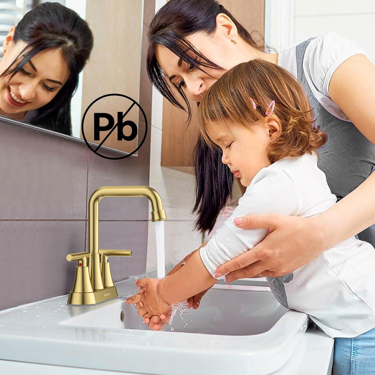 Bathroom Sink Faucet, Hurran 4 inch Brushed Gold Bathroom Faucets for Sink 3 Hole with Pop-up Drain and Supply Hoses, 360 Swivel Spout 2-Handle Centerset Faucet for Vanity RV Farmhouse