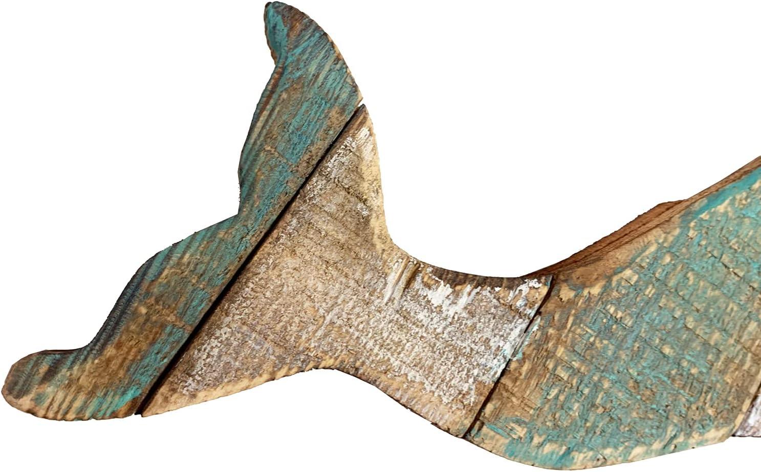 Rustic Wooden Nautical Hanging Handcarved Whale Wall Decor, Distressed Whale Wall Sculpture Indoor Outdoor Beach Themed Decoration 16''H