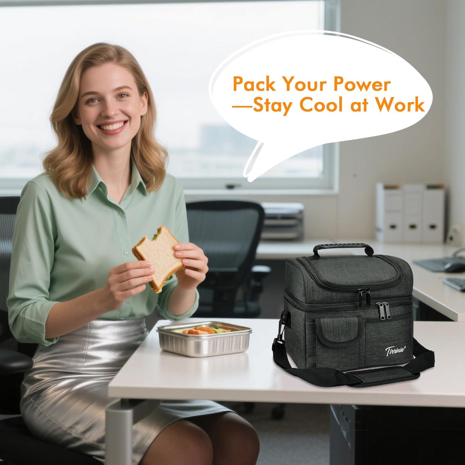 Tirrinia Dual Compartment Lunch Bag with Shoulder Strap for Adults, Large Lunch Bags, Insulated Leakproof Thermal Lunch Totes, Charcoal
