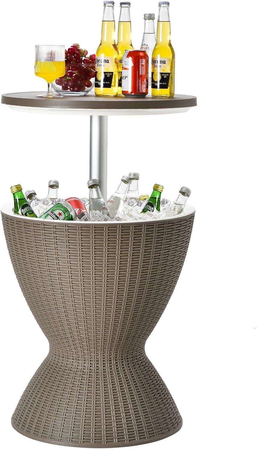 Byroce Outdoor Cooler Side Table, Patio Bar Table w/ 8 Gallon Beer & Wine Cooler, Rattan Style Pool Side & Hot Tub Table, All-Weather Cocktail Table for Parties, Backyard, Deck