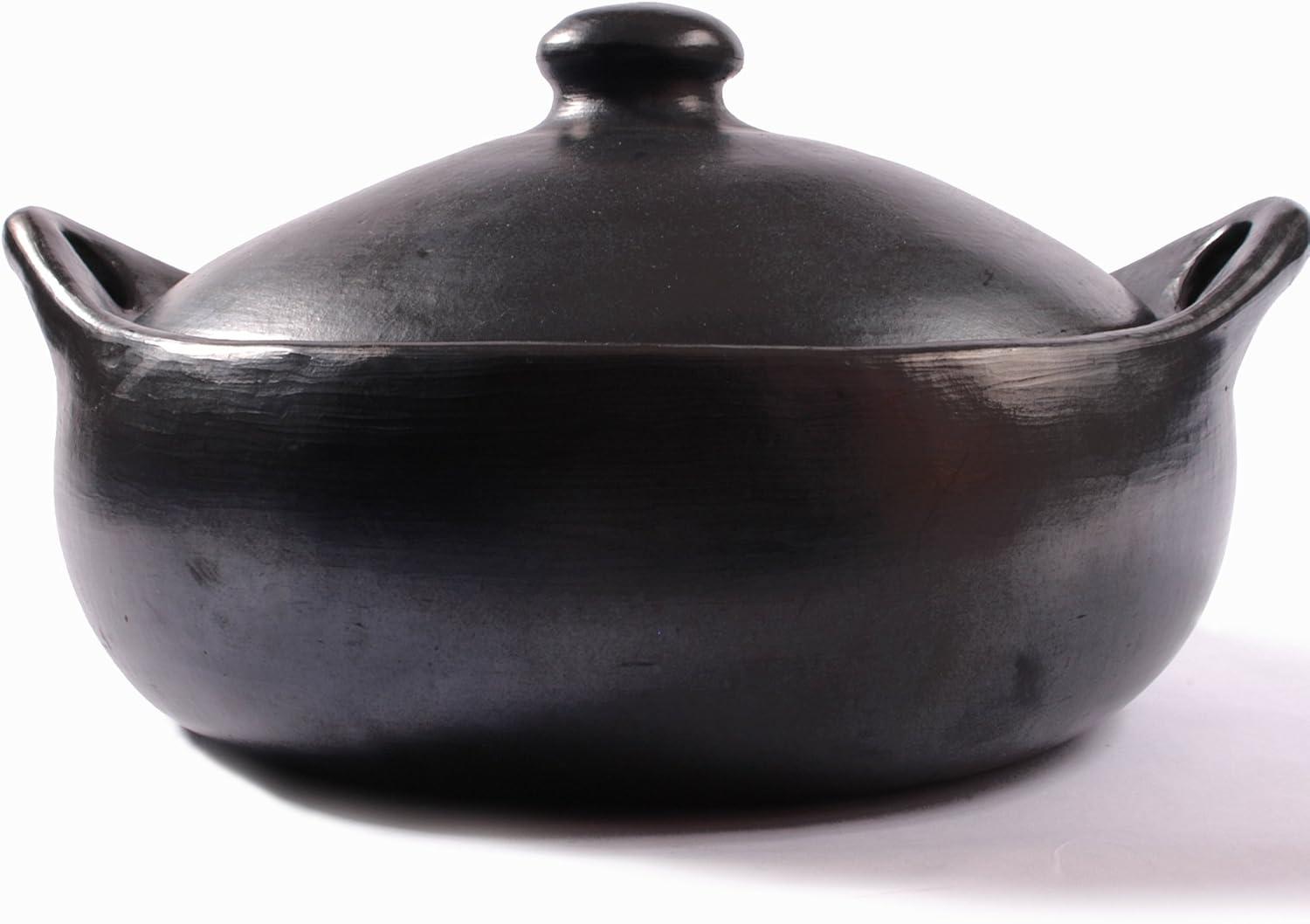 Large Black Clay Flat Casserole with Lid, 5 Quarts