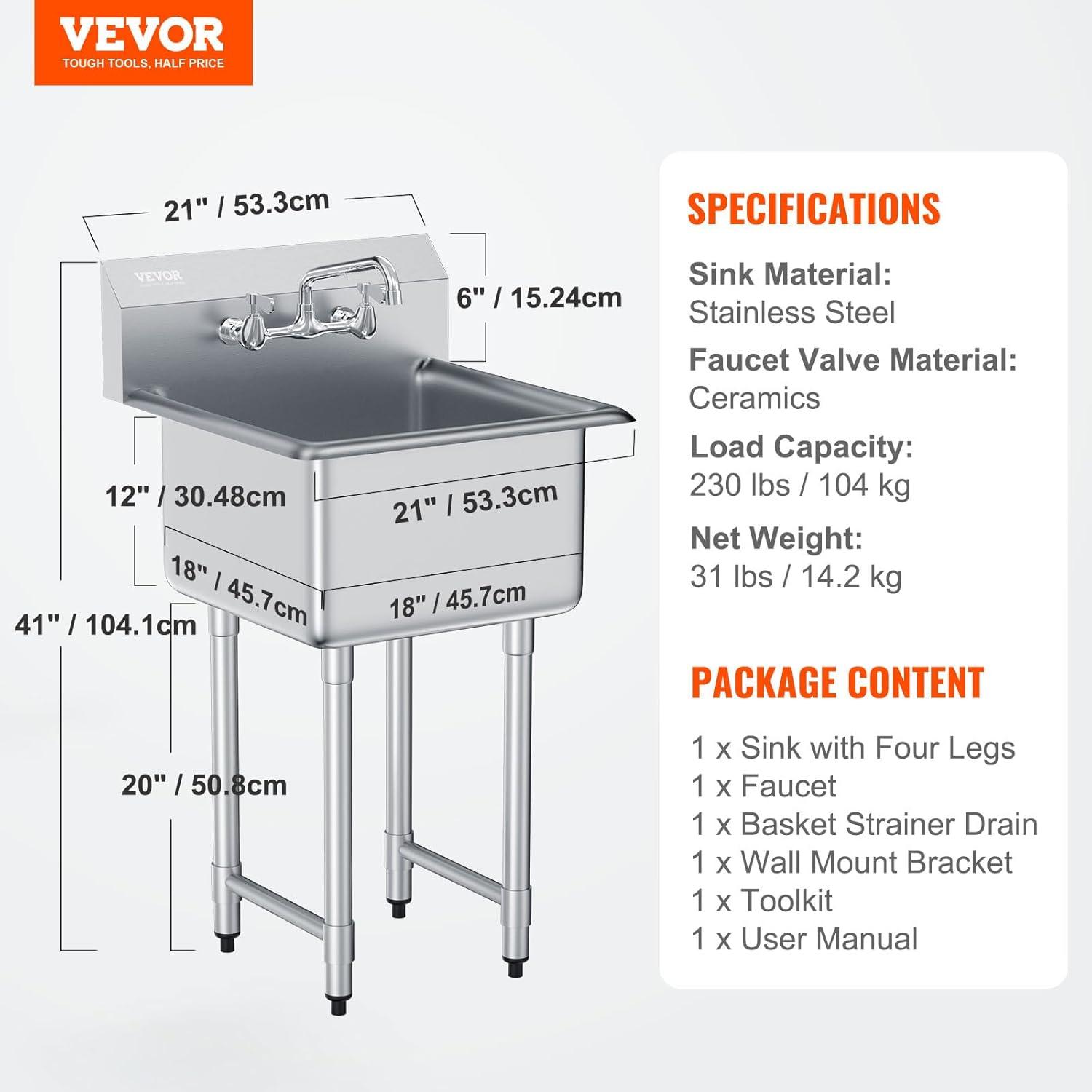 VEVOR 21'' L x 18'' W Silver Free Standing Service Sink with Faucet