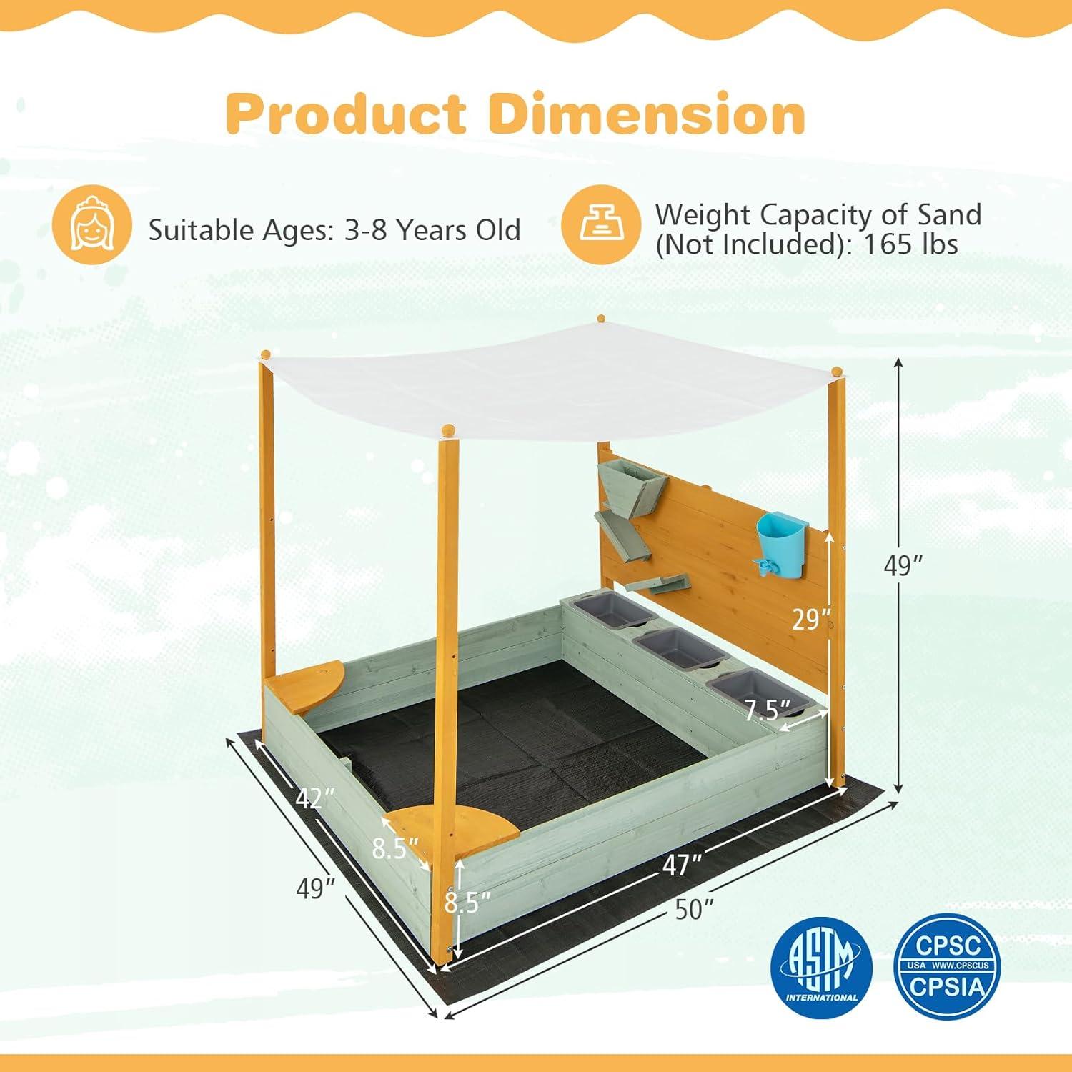 Kids Wooden Sandbox with Sand Wall and Removable Canopy