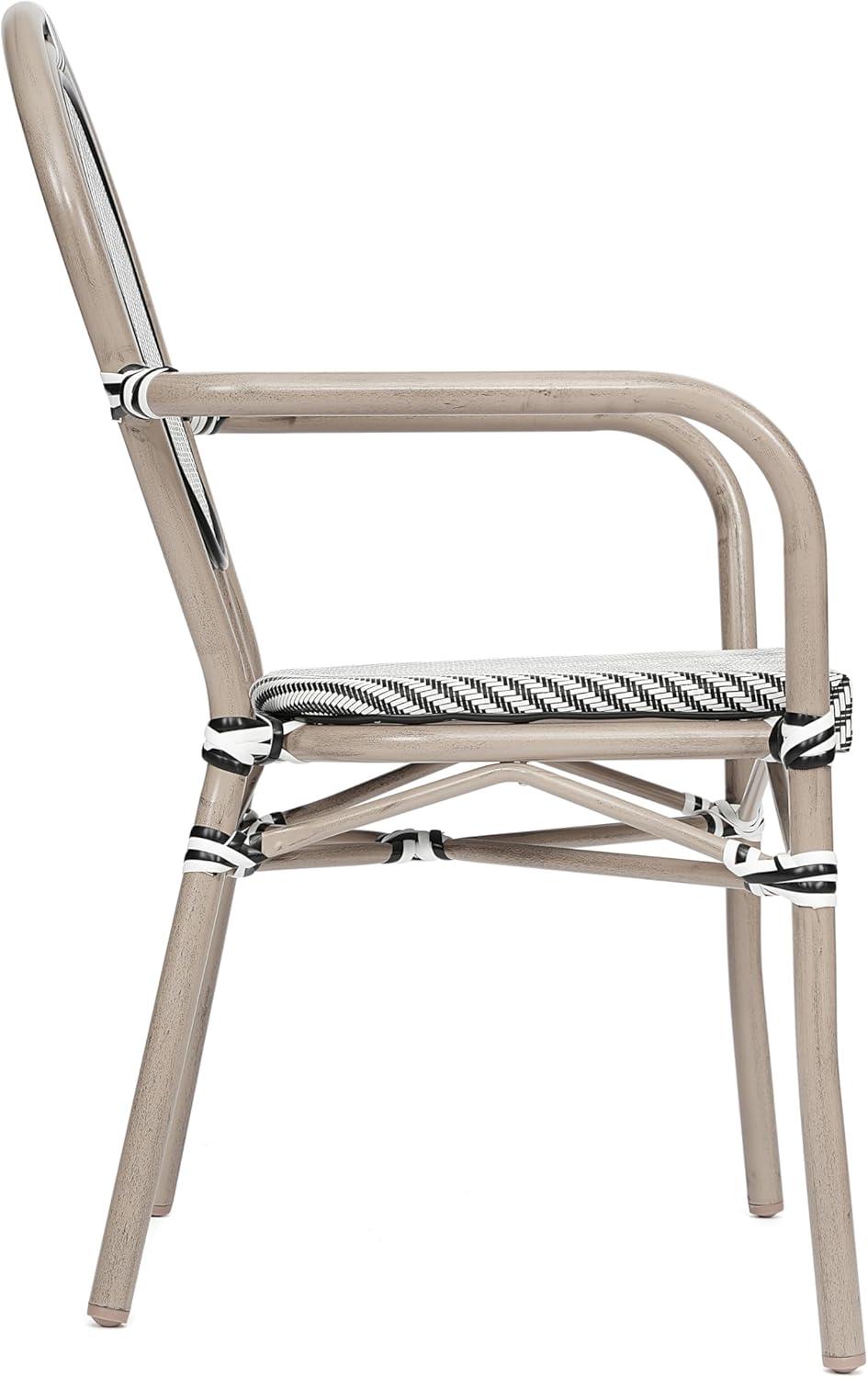 Merrick Lane Mael Set of Four Stacking Thonet Bistro Style Chair with Arms, Black & White Textilene Seat, & Bamboo Metal Frame for Indoor/Outdoor Use