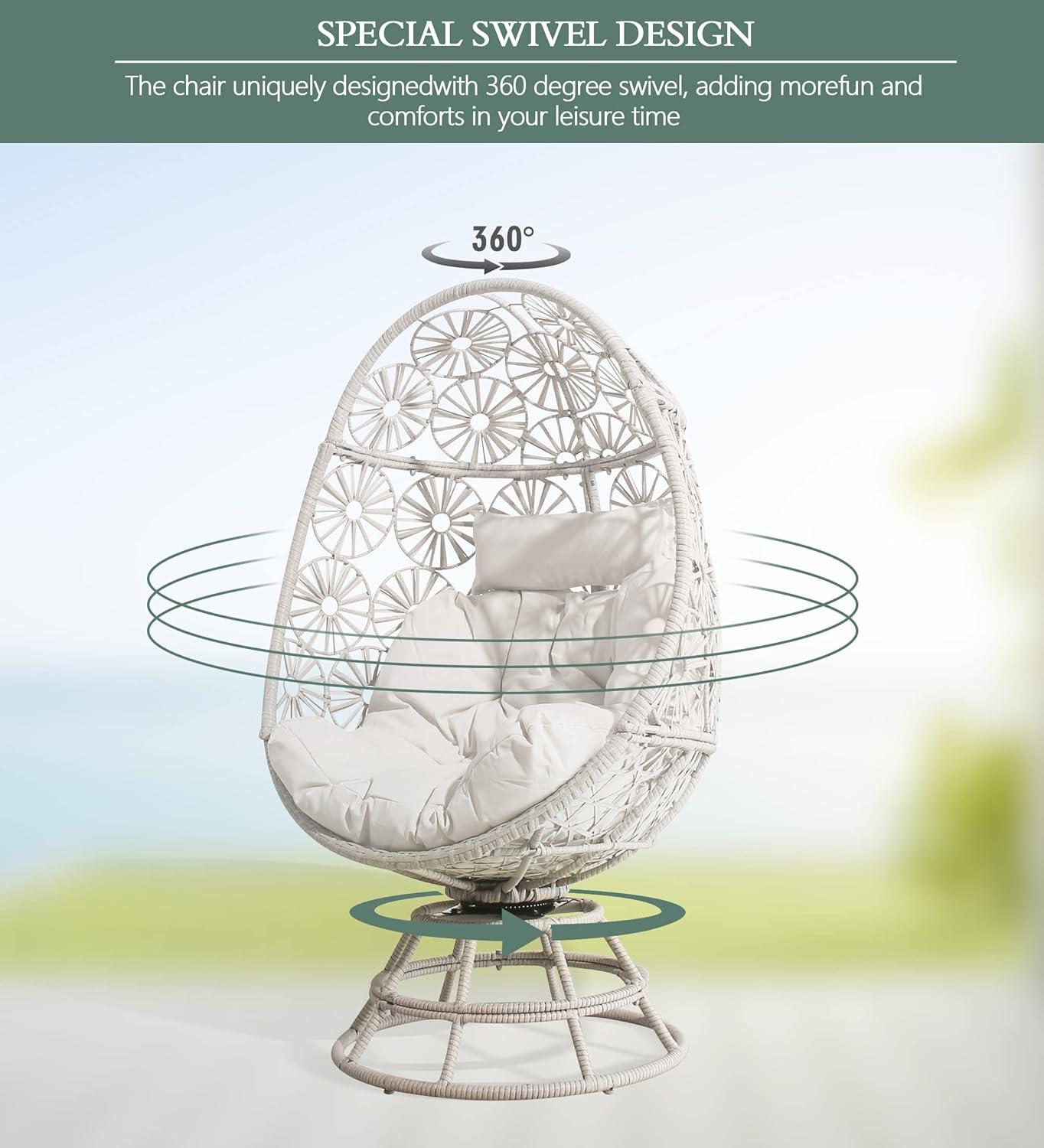Ulax Furniture Wicker Egg Chair Indoor Outdoor Swivel Lounge Egg Chair with Cushions for Patio, Backyard, Living Room