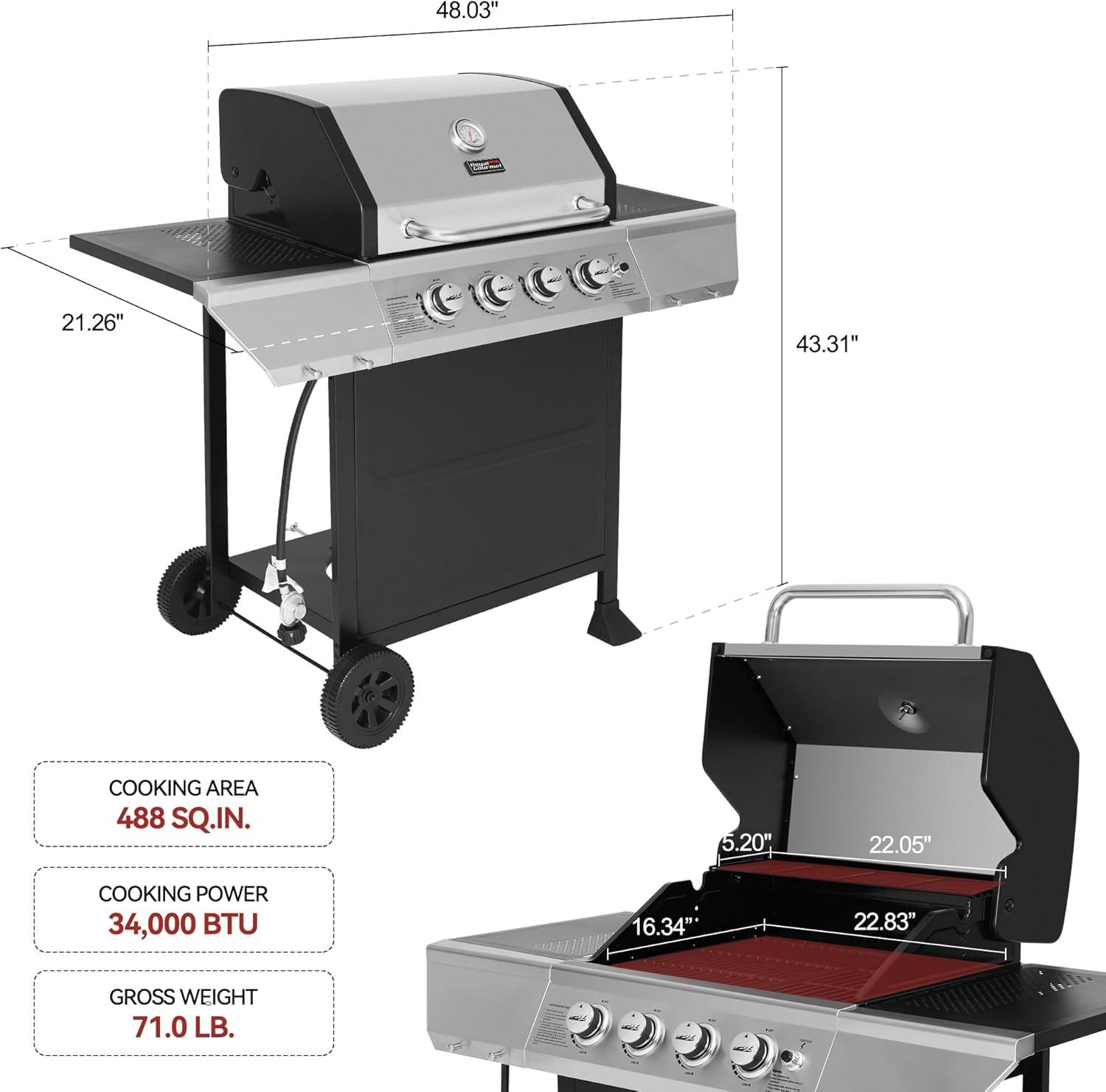 Royal Gourmet Stainless Steel 4-Burner Propane Gas Grill with Side Burner