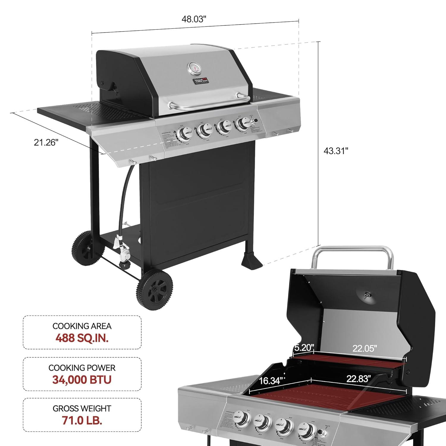 Royal Gourmet GA4400T Stainless Steel 4-Burner BBQ Gas Grill, 40,000 BTU