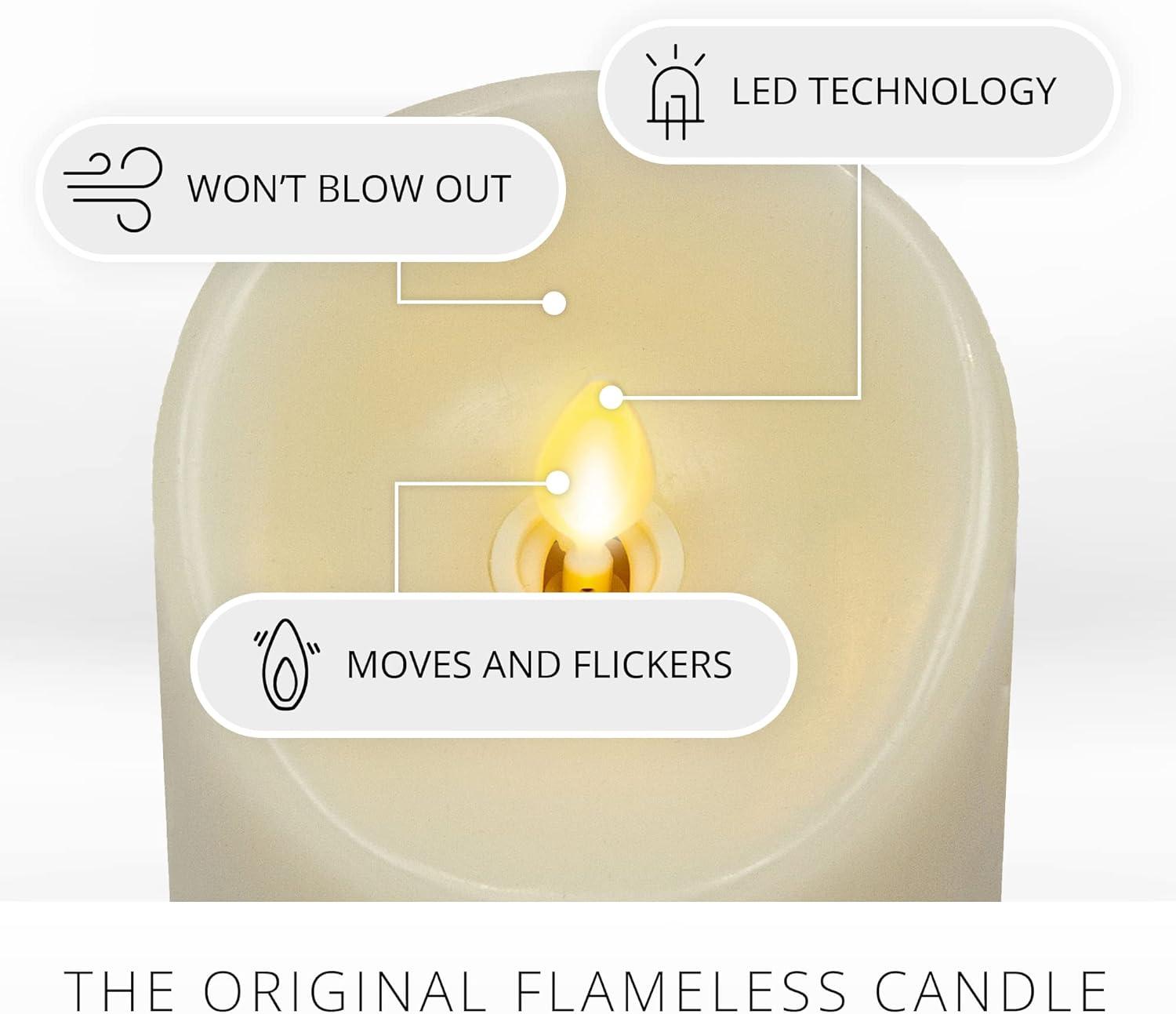 Luminara Realistic Artifical Flame Classic Pillar LED Candle - Moving Flame LED Battery Operated Lights - Unscented - Remote Ready - Ivory - 4" x 9"