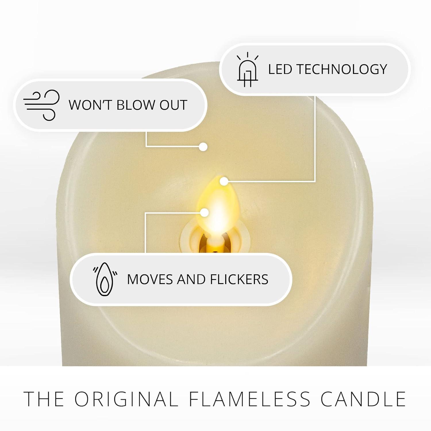 Luminara Realistic Artifical Flame Classic Pillar LED Candle - Moving Flame LED Battery Operated Lights - Unscented - Remote Ready - Ivory - 4" x 9"