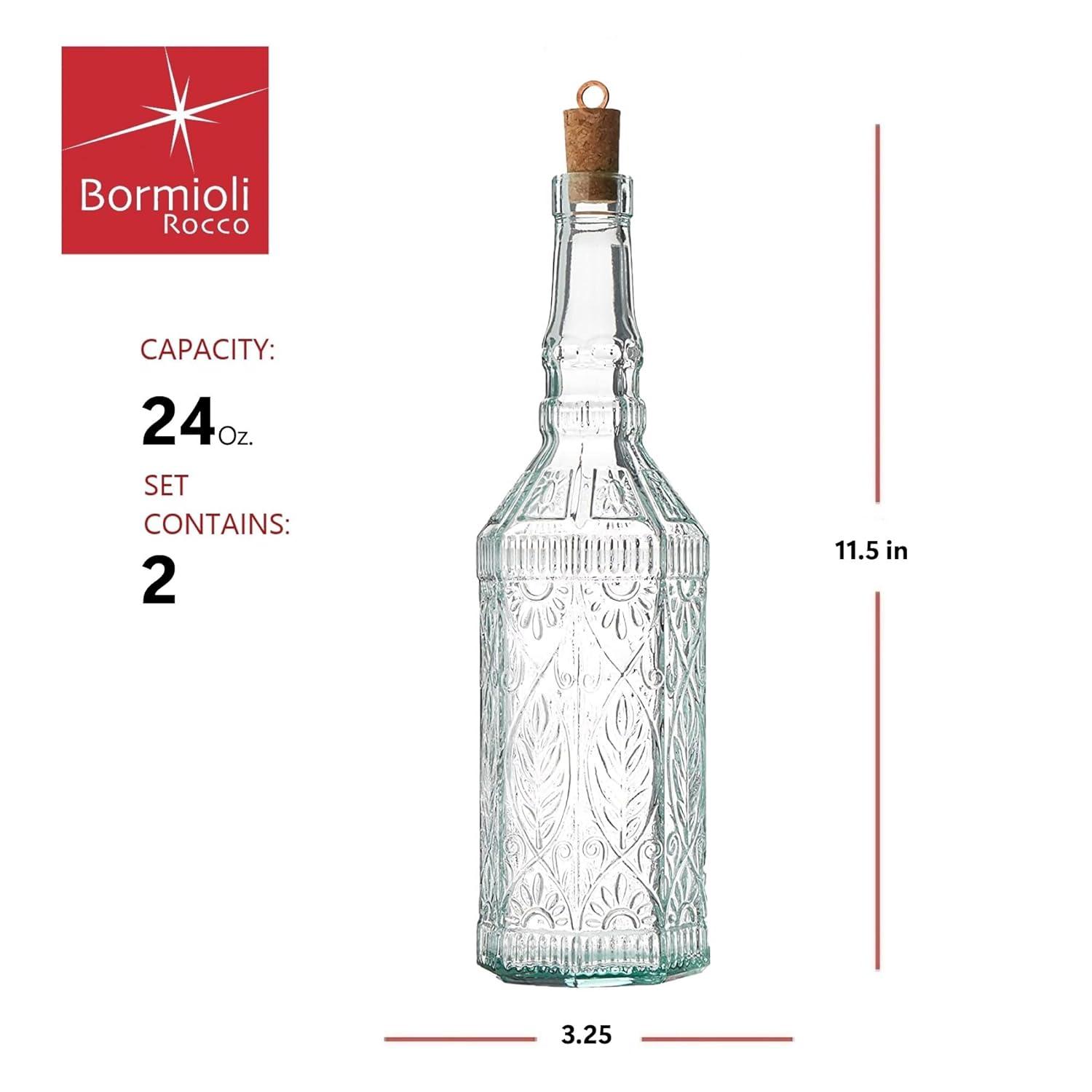 Bormioli Rocco Set Of 2 Country Home Fiesole Bottle, 24-ounce With All Natural Cork Lid, Blue-green Tinted Star Glass, Elegant And Floral Design Made In Italy
