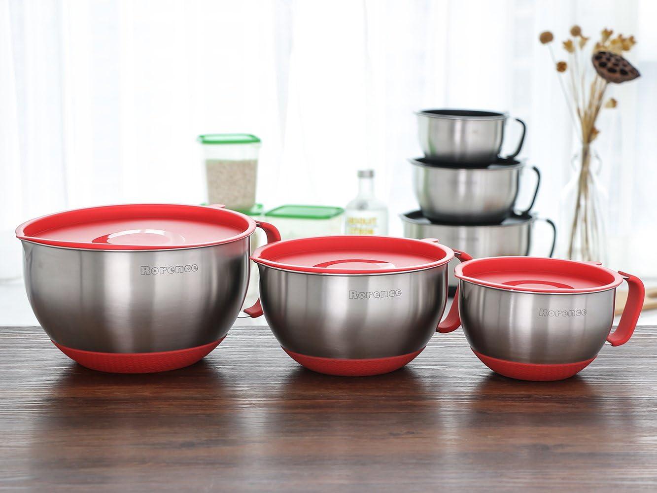 Stainless Steel Mixing Bowl Set with Red Silicone Lids