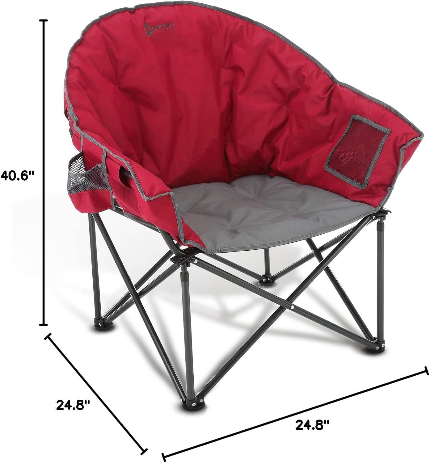 ARROWHEAD OUTDOOR Oversized Heavy-Duty Club Folding Camping Chair w/ External Pocket, Cup Holder, Portable, Padded, Moon, Round, Saucer, Supports 330lbs, Carrying Bag, USA-Based Support (Burgundy Red)