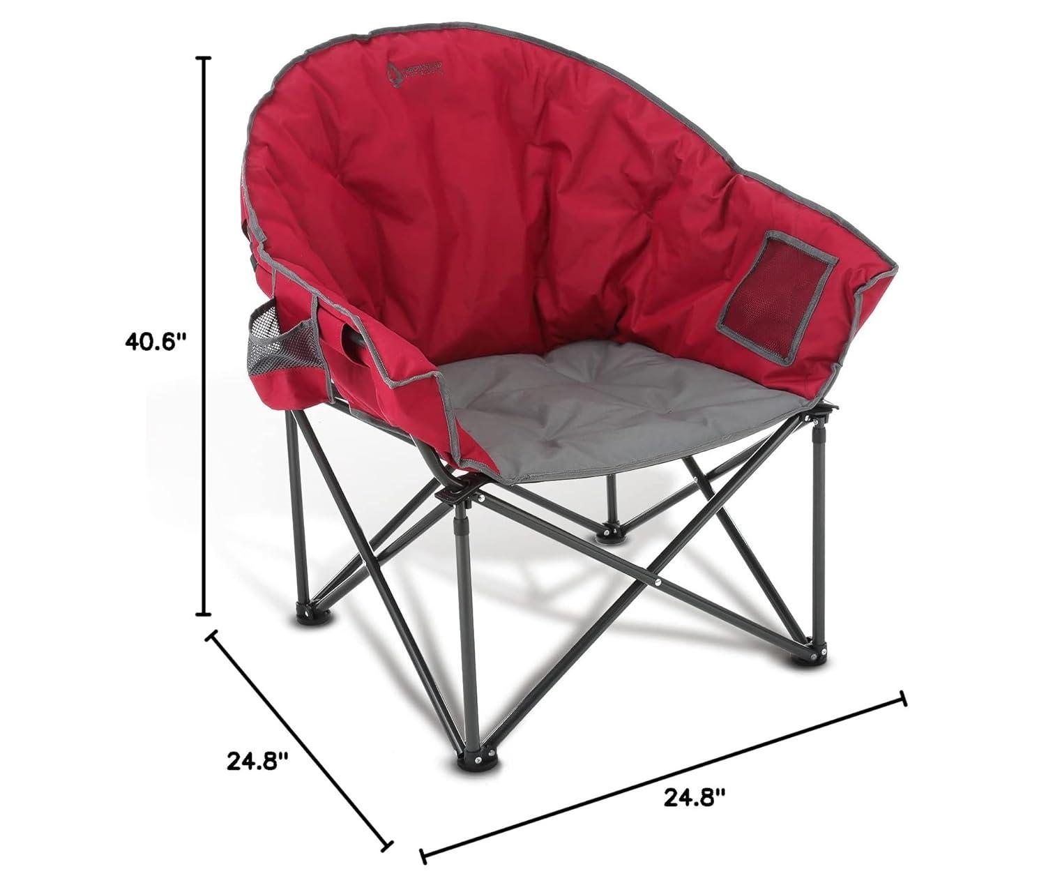 ARROWHEAD OUTDOOR Oversized Heavy-Duty Club Folding Camping Chair w/ External Pocket, Cup Holder, Portable, Padded, Moon, Round, Saucer, Supports 330lbs, Carrying Bag, USA-Based Support (Burgundy Red)
