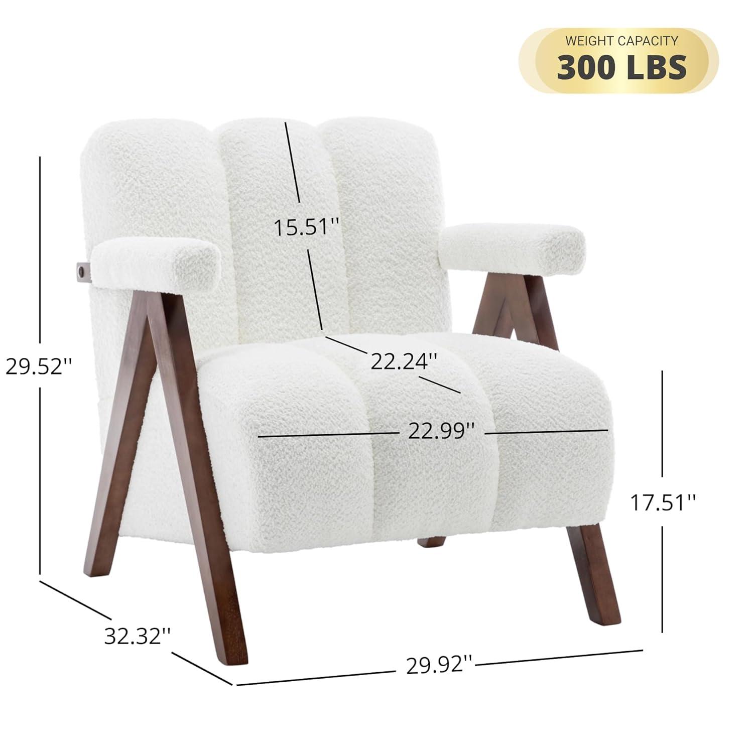Mid Century Modern Accent Chair with Solid Wood Frame, Boucle Upholstered Living Room Chairs with Thick Cushion, Comfy Tufted Arm Chair for Bedroom, Ivory