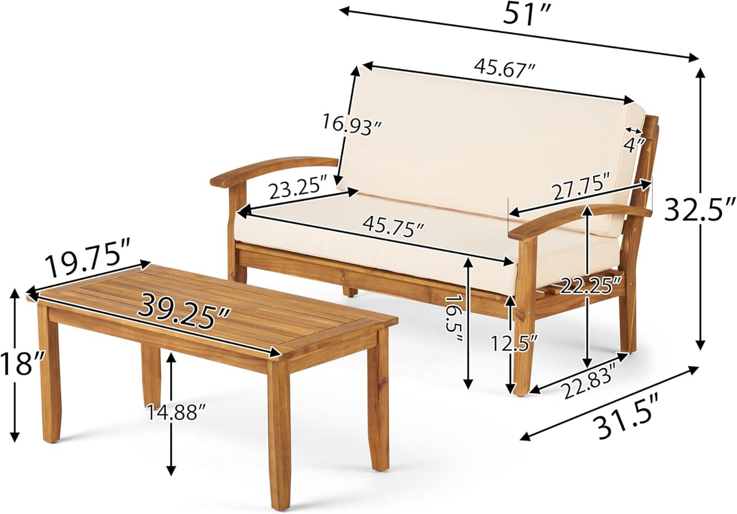 Teak Finish Acacia Wood Outdoor Loveseat and Coffee Table Set with Beige Cushions