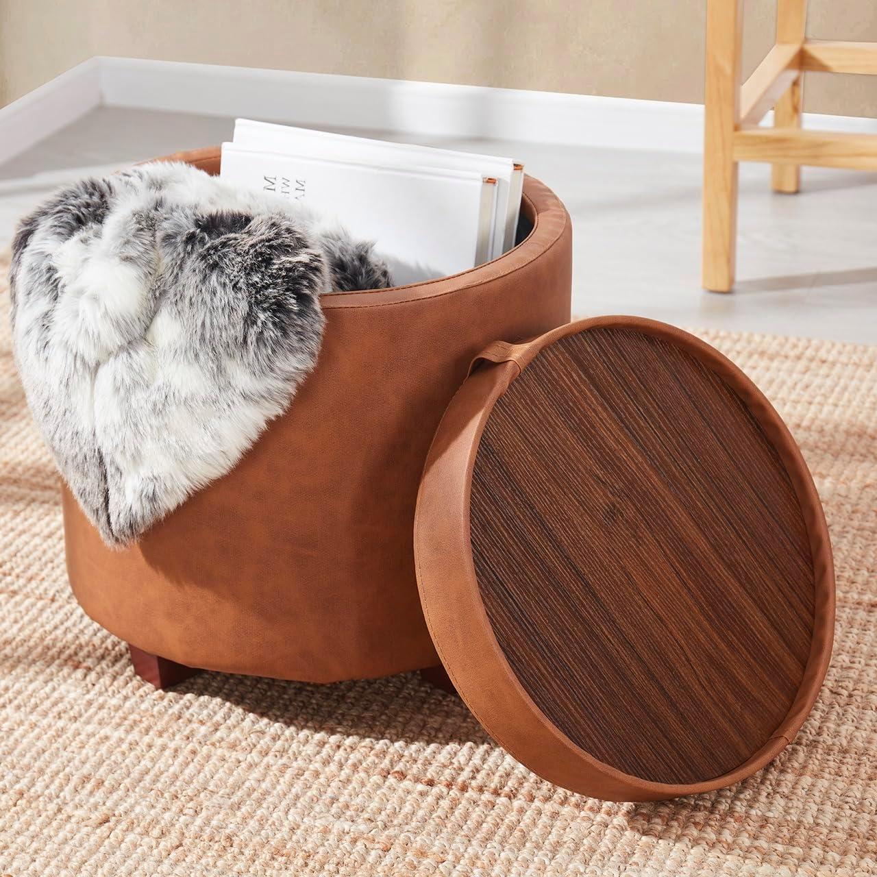 Ornavo Home Lawrence Round Faux Leather Storage Ottoman with Table Top Lid - Cognac