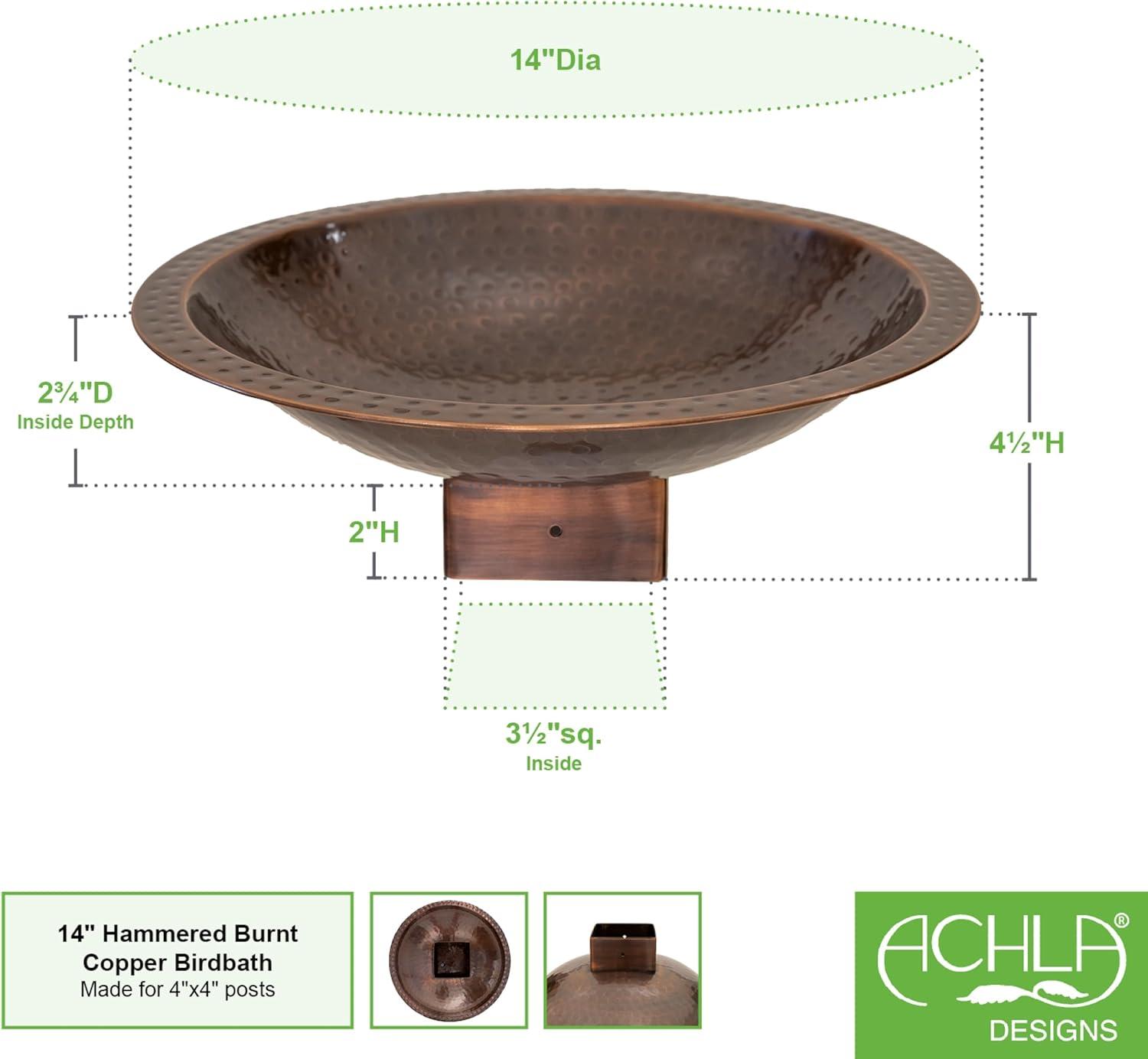 14" Hammered Copper Finish Brass Bird Bath for 4x4 Post