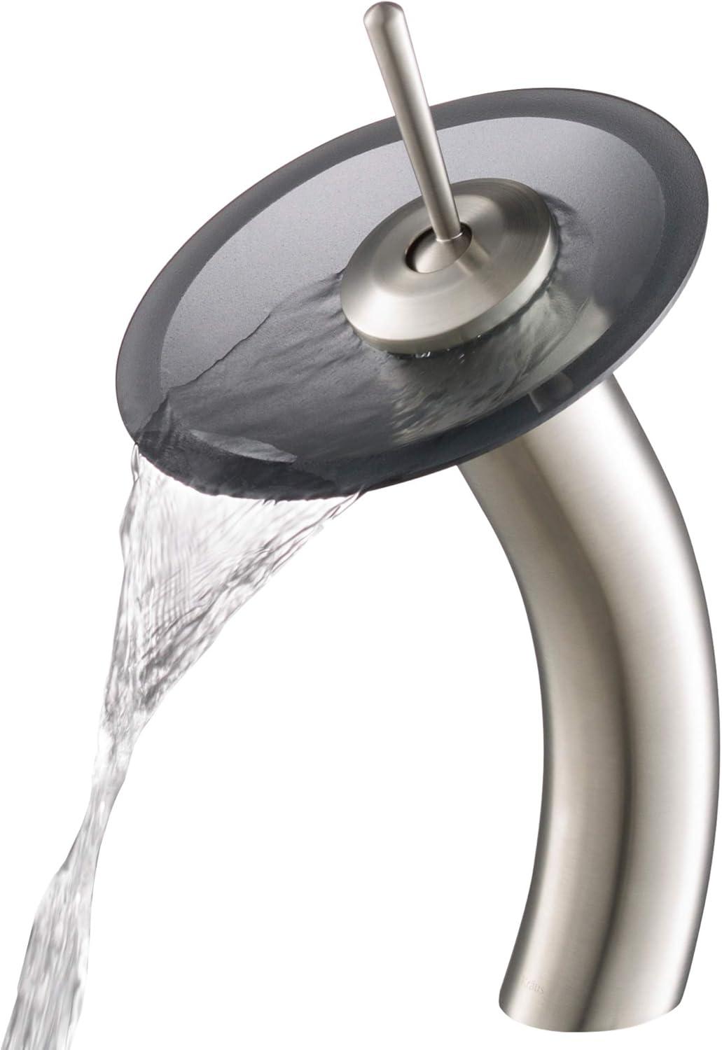 KRAUS Tall Waterfall Bathroom Faucet for Vessel Sink with Frosted Black Glass Disk, Satin Nickel Finish