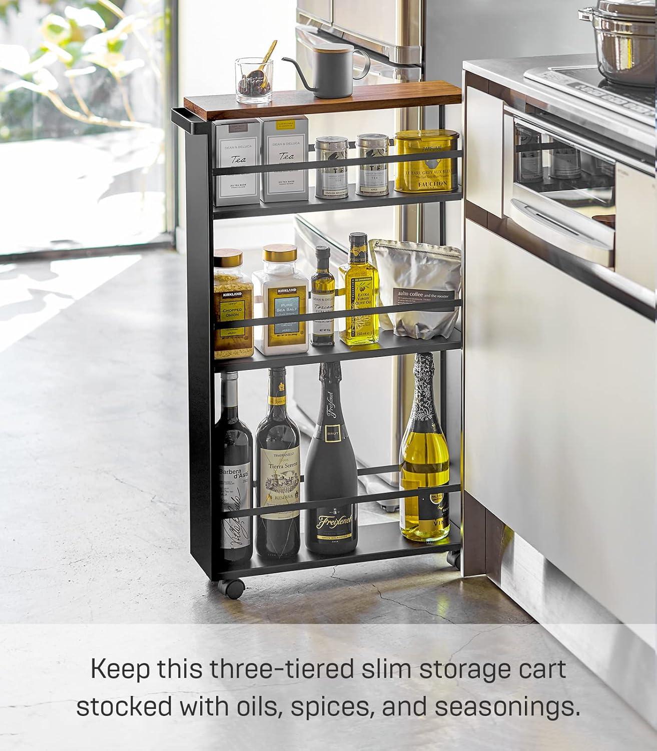 Slim Black Steel Three-Tiered Rolling Storage Cart with Handle