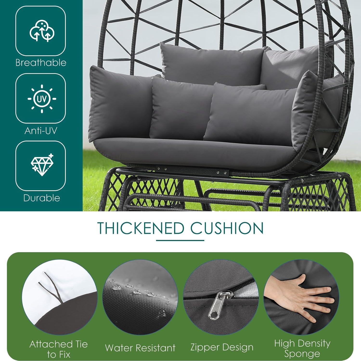 Outdoor Double Hanging Egg Chair with Stand PE Wicker Oversized Patio 2 Person Swing Egg Chair Gray Loveseat