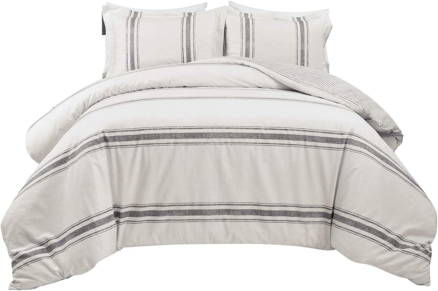 Gray Cotton Full/Queen Farmhouse Stripe Reversible Duvet Cover Set