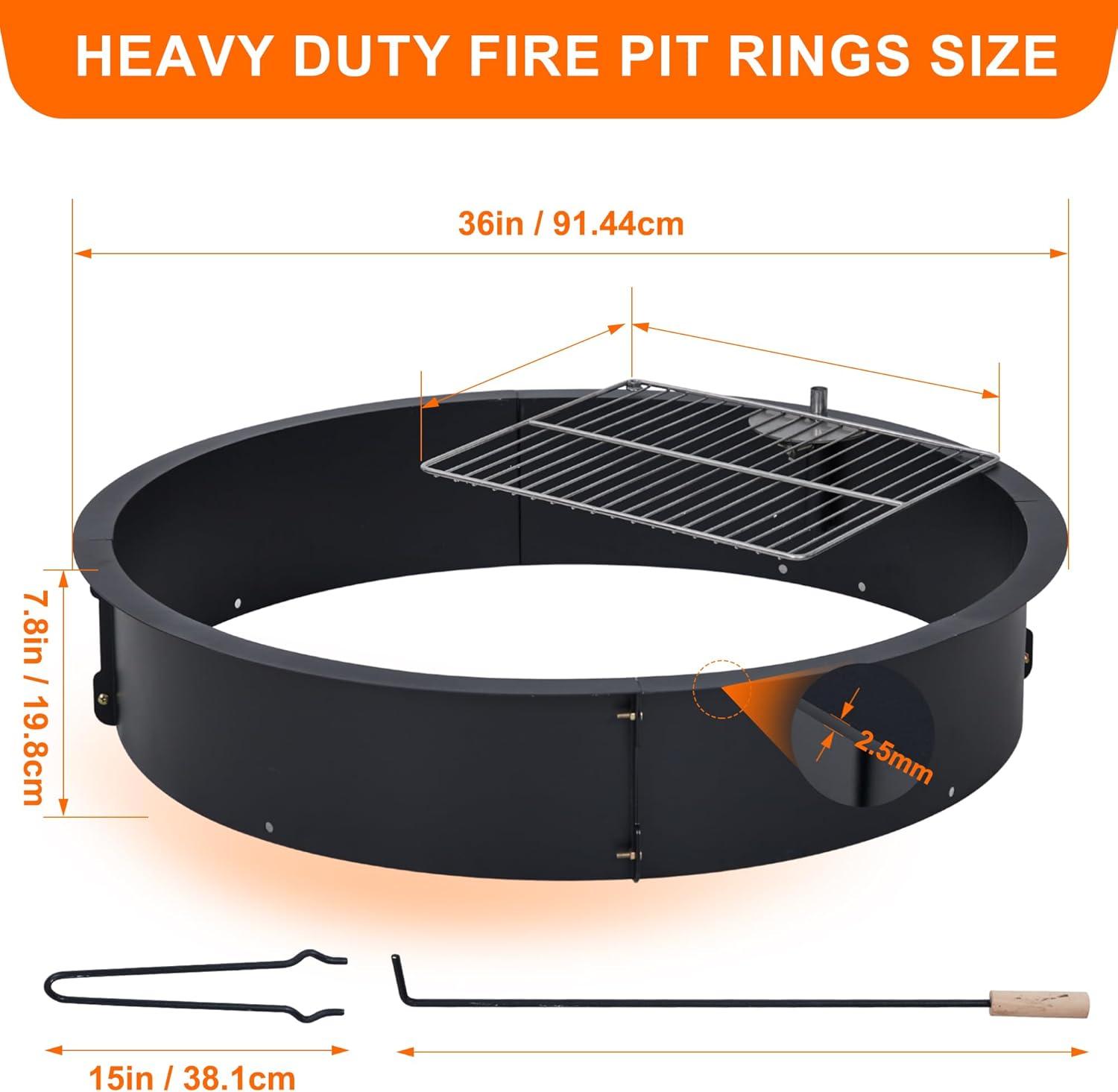 36 inch Outdoor Fire Pit Liner Round Solid Steel Fire Ring with Cooking Grate