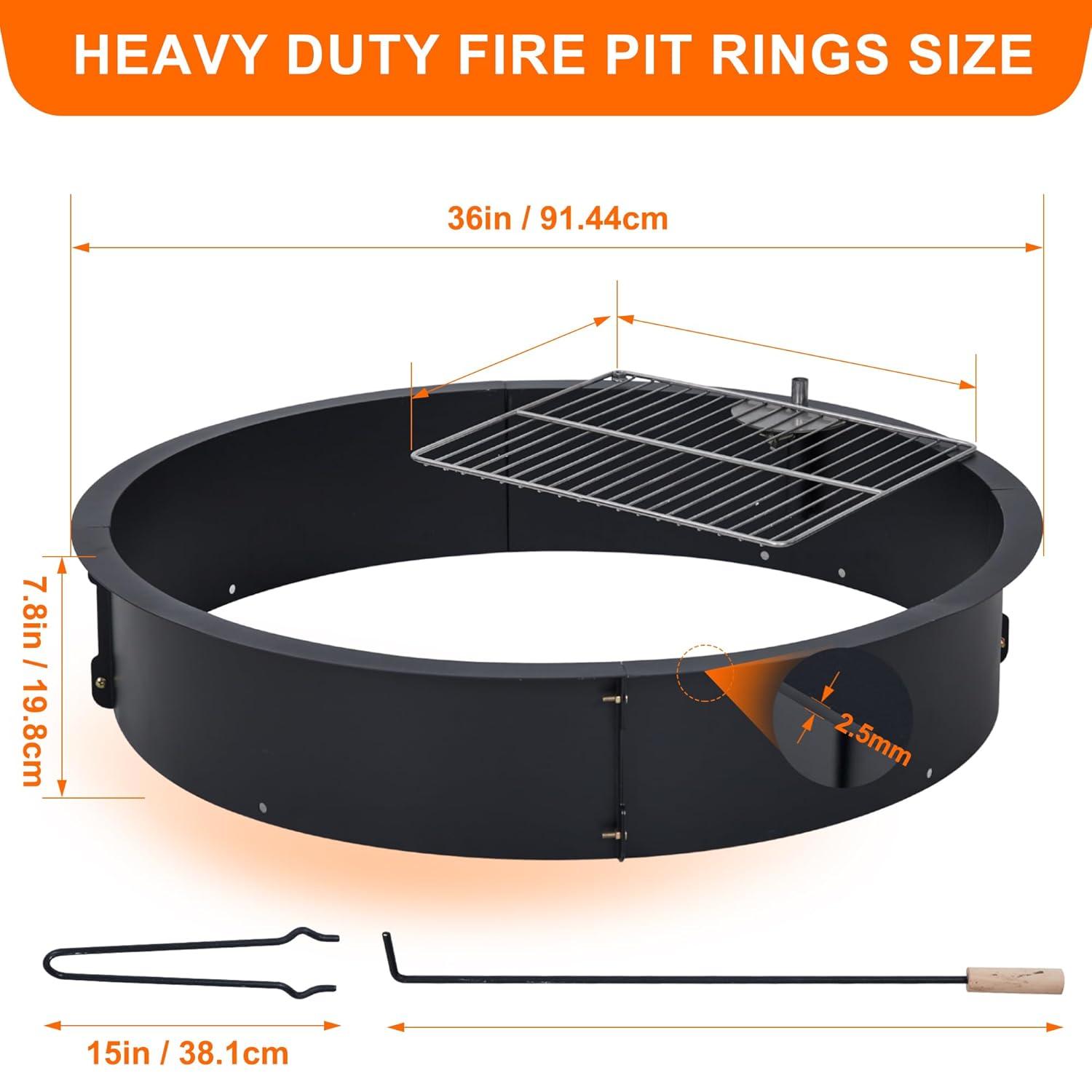 36 inch Outdoor Fire Pit Liner Round Solid Steel Fire Ring with Cooking Grate