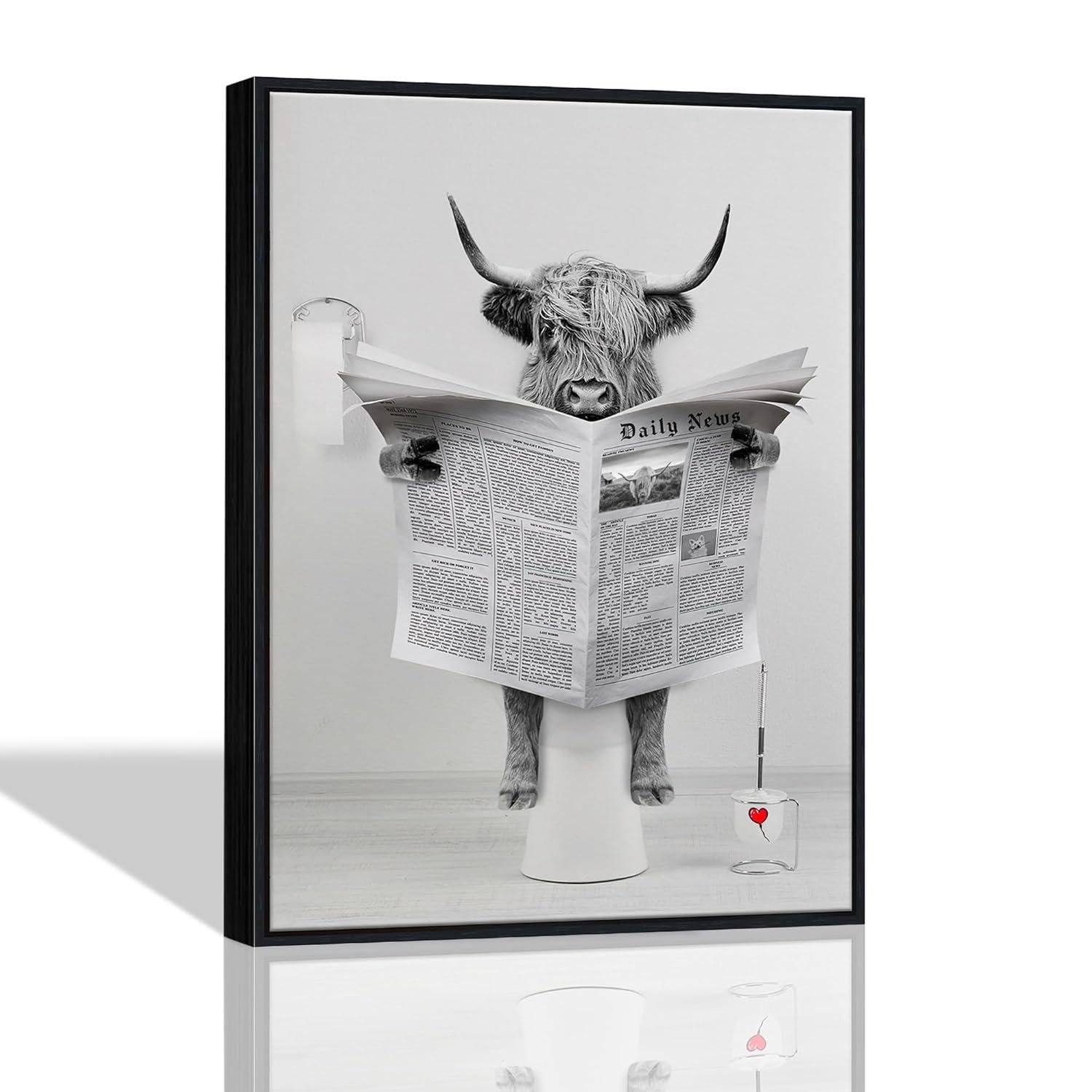 Modern Black Framed Highland Cow Wall Art Minimalist Bathroom Wall Decor Cute Funny Animals Artwork Canvas Prints Ready to Hang for Guest Bathroom, Hotel, Condo, Kids Bathroom, 12”x16”