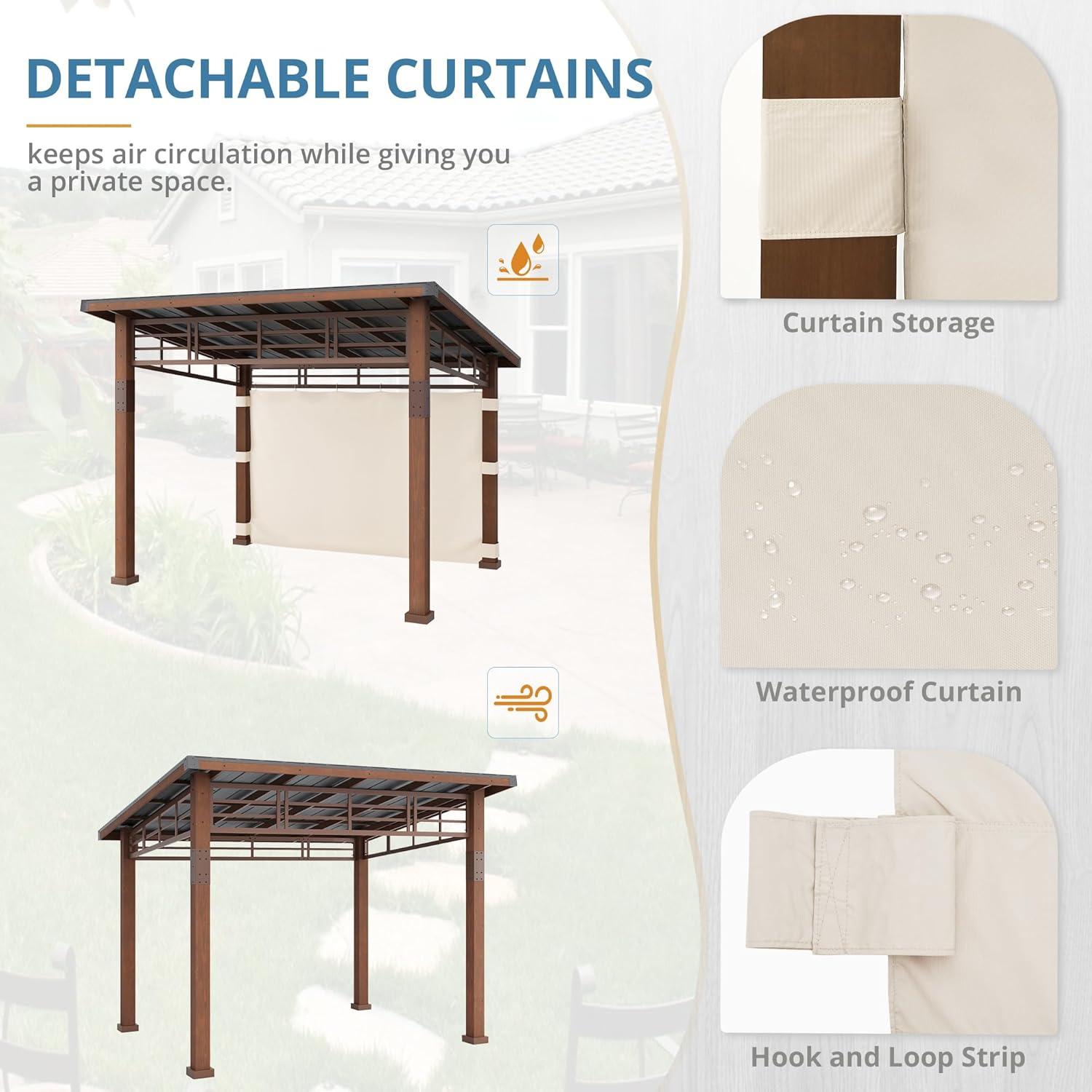 LUE BONA 10x12 Hardtop Gazebo with Wooden Frame and Metal Roof - Outdoor Pergola Canopy with Curtains - Permanent Pavilion for Grill, Deck, Patio, Backyard, Garden