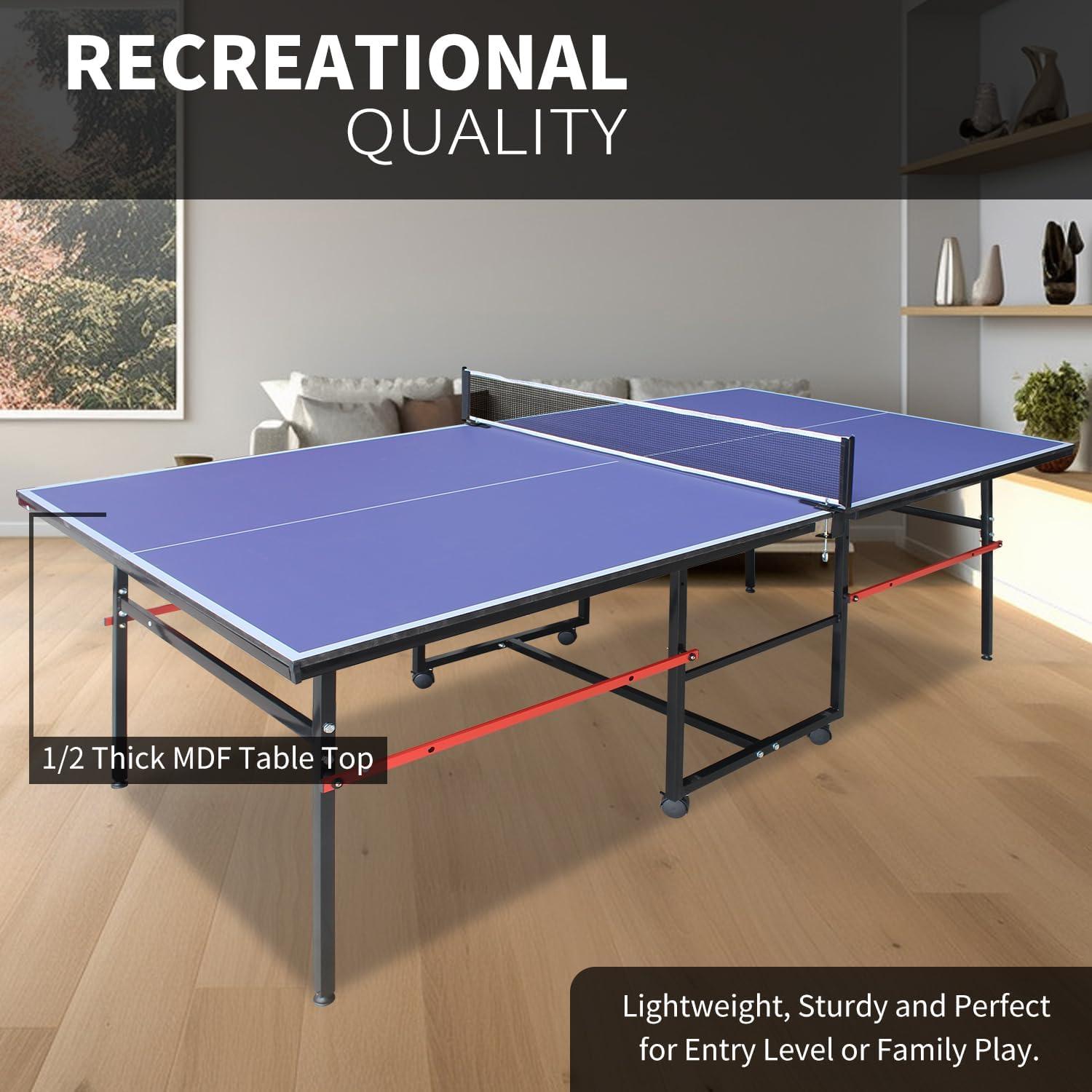 8FT Mid-Size Table Tennis Table, Foldable & Portable Ping Pong Table Set for Indoor & Outdoor Games with Net, 2 Table Tennis Paddles and 3 Balls, Blue+Black