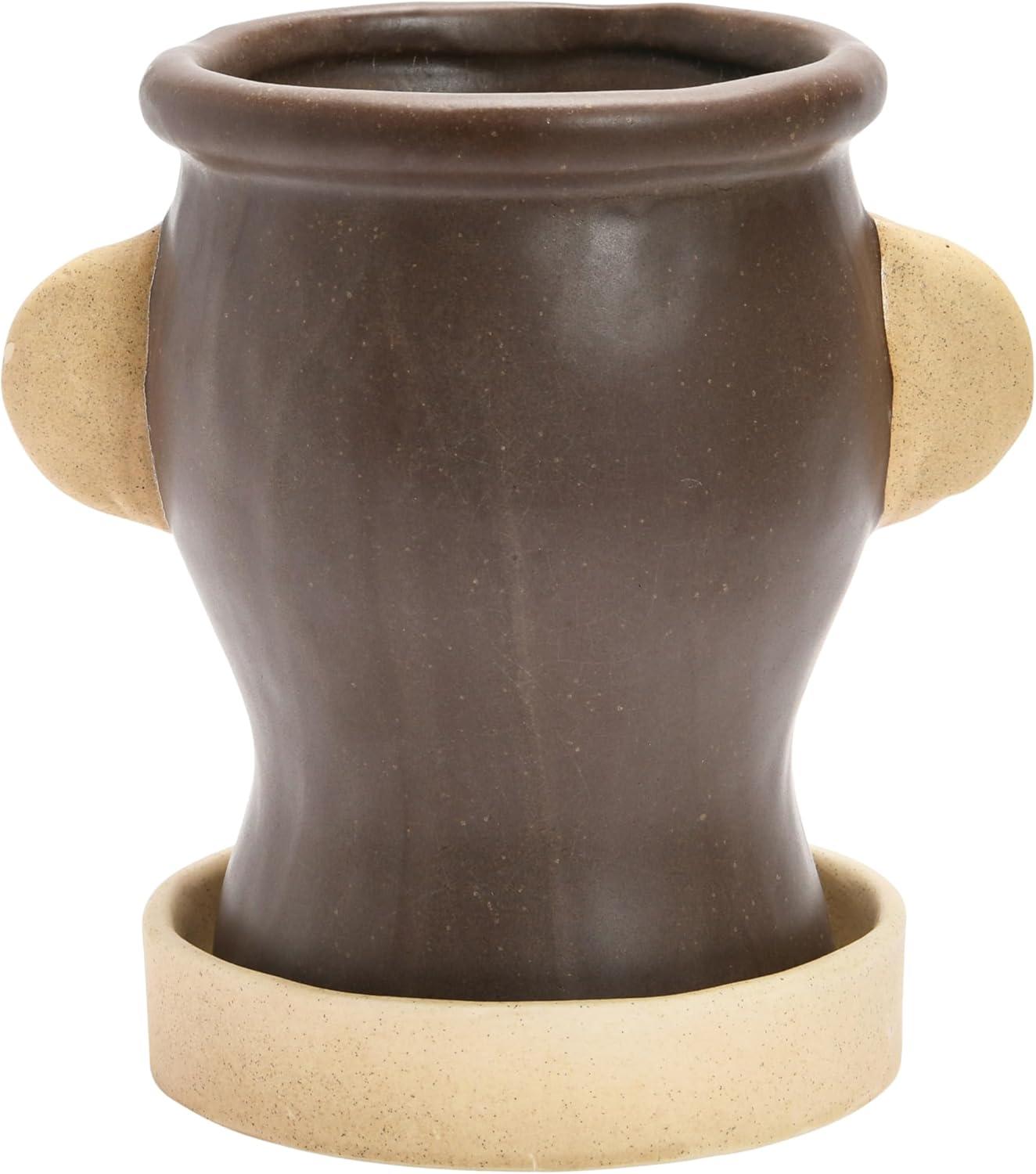 Creative Co-Op Creative Co-Op Stoneware Face Planter with Saucer, Matte Black and Cream