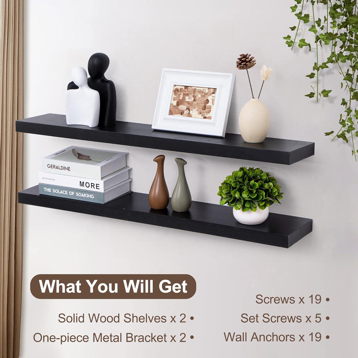 fuqing Black Floating Shelves for Wall - 36 Inch Lightweight Wood Wall Shelves Set of 2 - Floating Black Shelves for Storage Display Ledges for Bedroom Kitchen Living Room