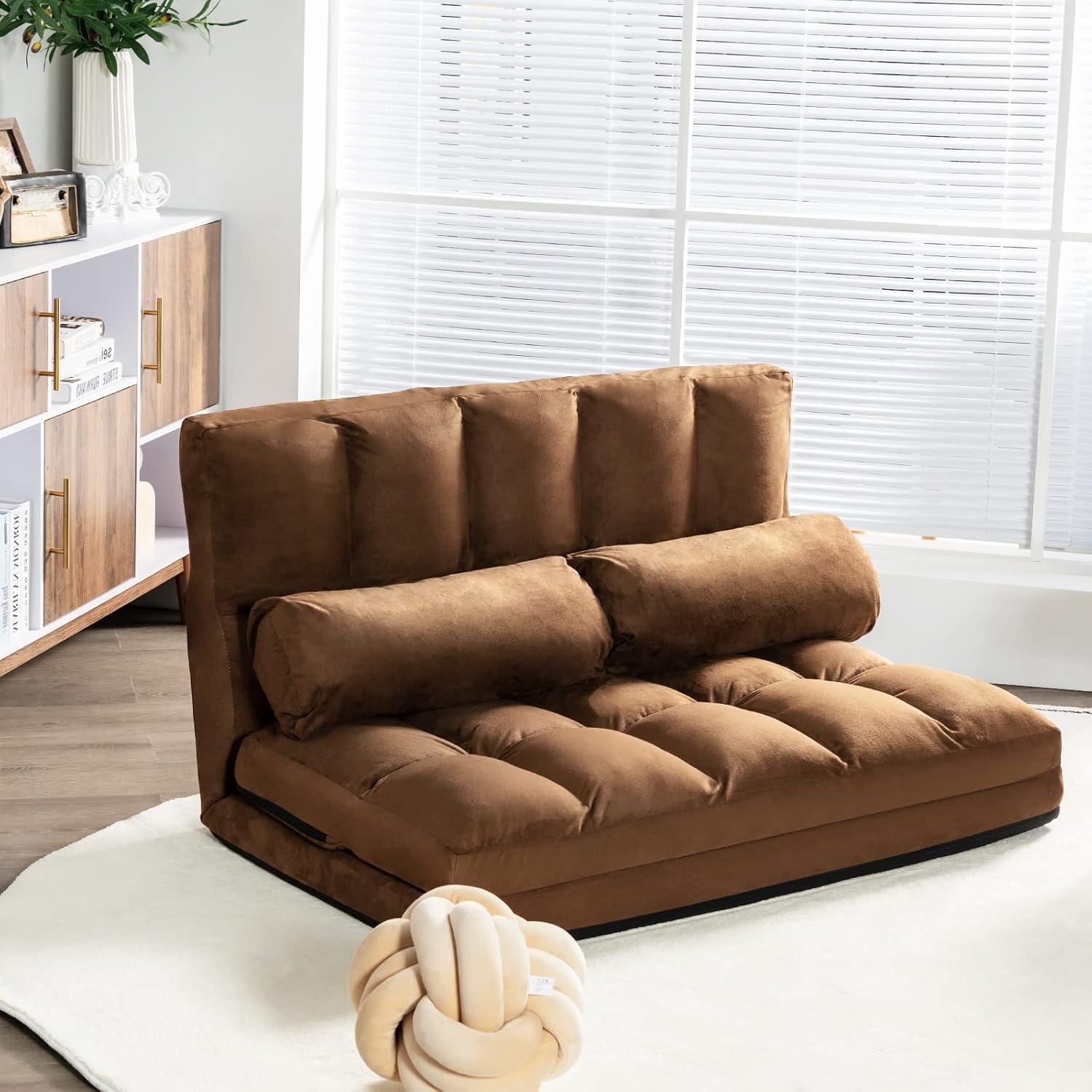 Brown Suede Adjustable Reclining Floor Sofa Bed with Pillows