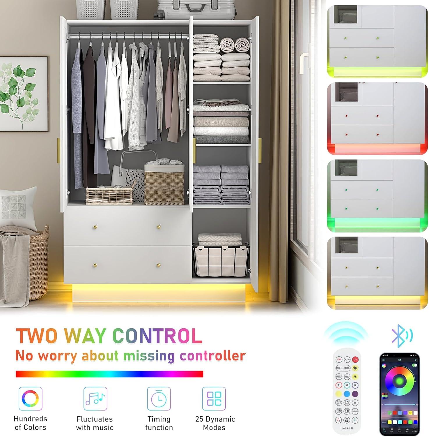 Armoire Wardrobe Closet With Mirror & Led Light, 4 Door Wooden Storage Cabinet With Drawers, Spacious Armoire With Hanging Rod & Adjustable Shelves
