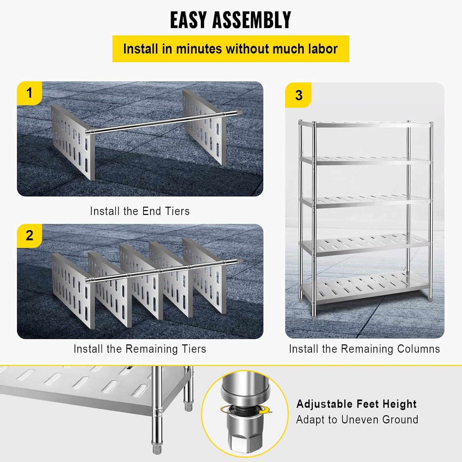 VEVOR Storage Shelf, 5-Tier Storage Shelving Unit, Stainless Steel Garage Shelf, 59.1 x 17.7 x 70.9 inch Heavy Duty Storage Shelving, 661 Lbs Total Capacity with Adjustable Height and Vent Holes