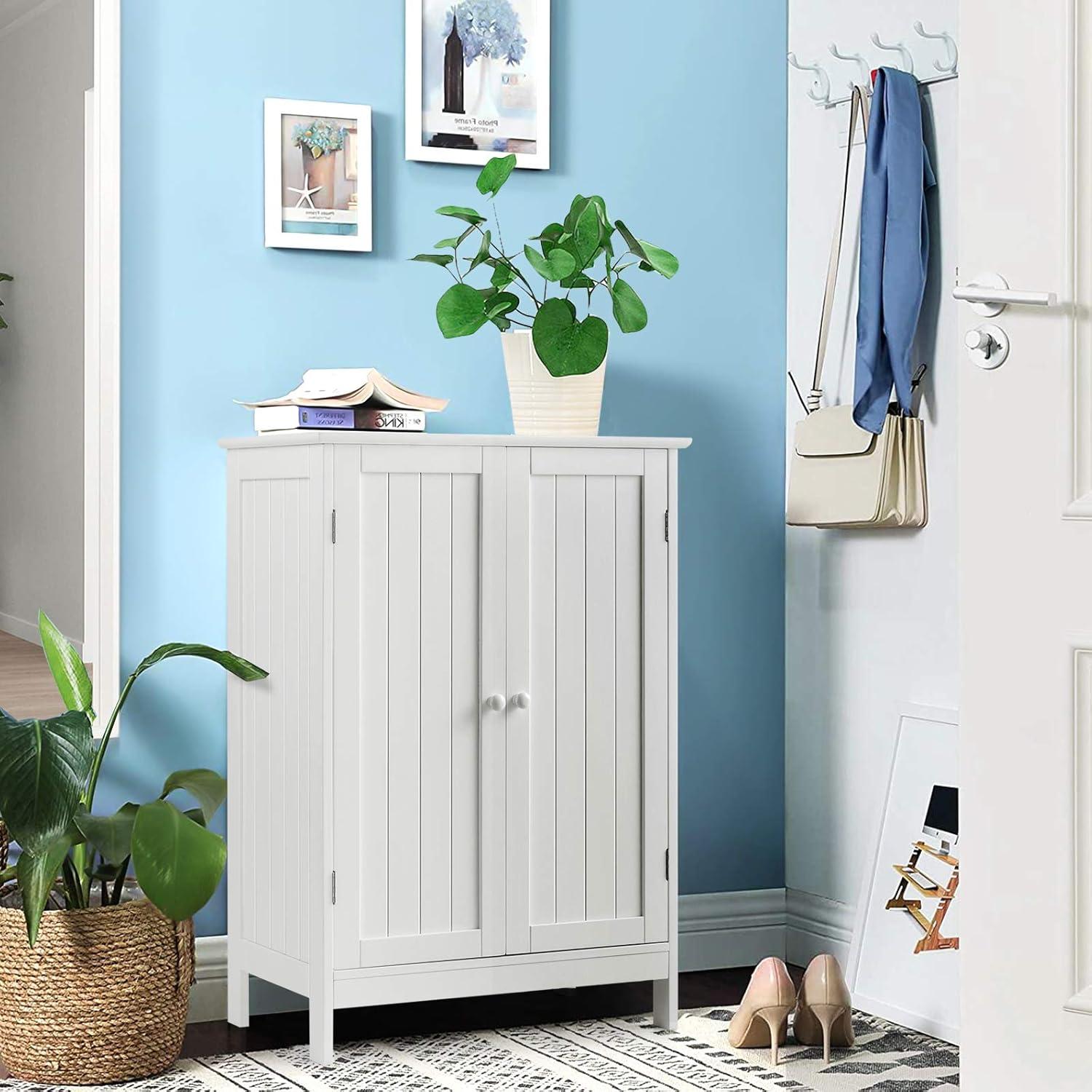 White MDF Bathroom Floor Cabinet with Adjustable Shelving