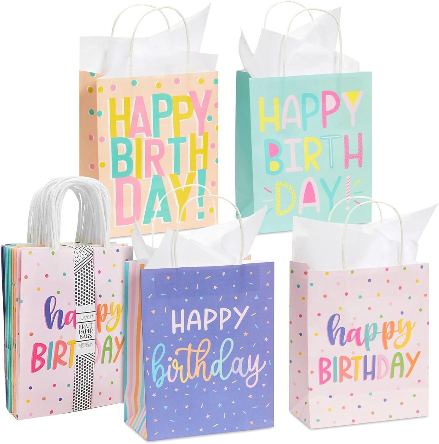 Sparkle and Bash 24 Pack 8 x 10 x 4 Inch Happy Birthday Gift Bags with Handles and 24 Sheets White Tissue Paper, 4 Pastel Colors