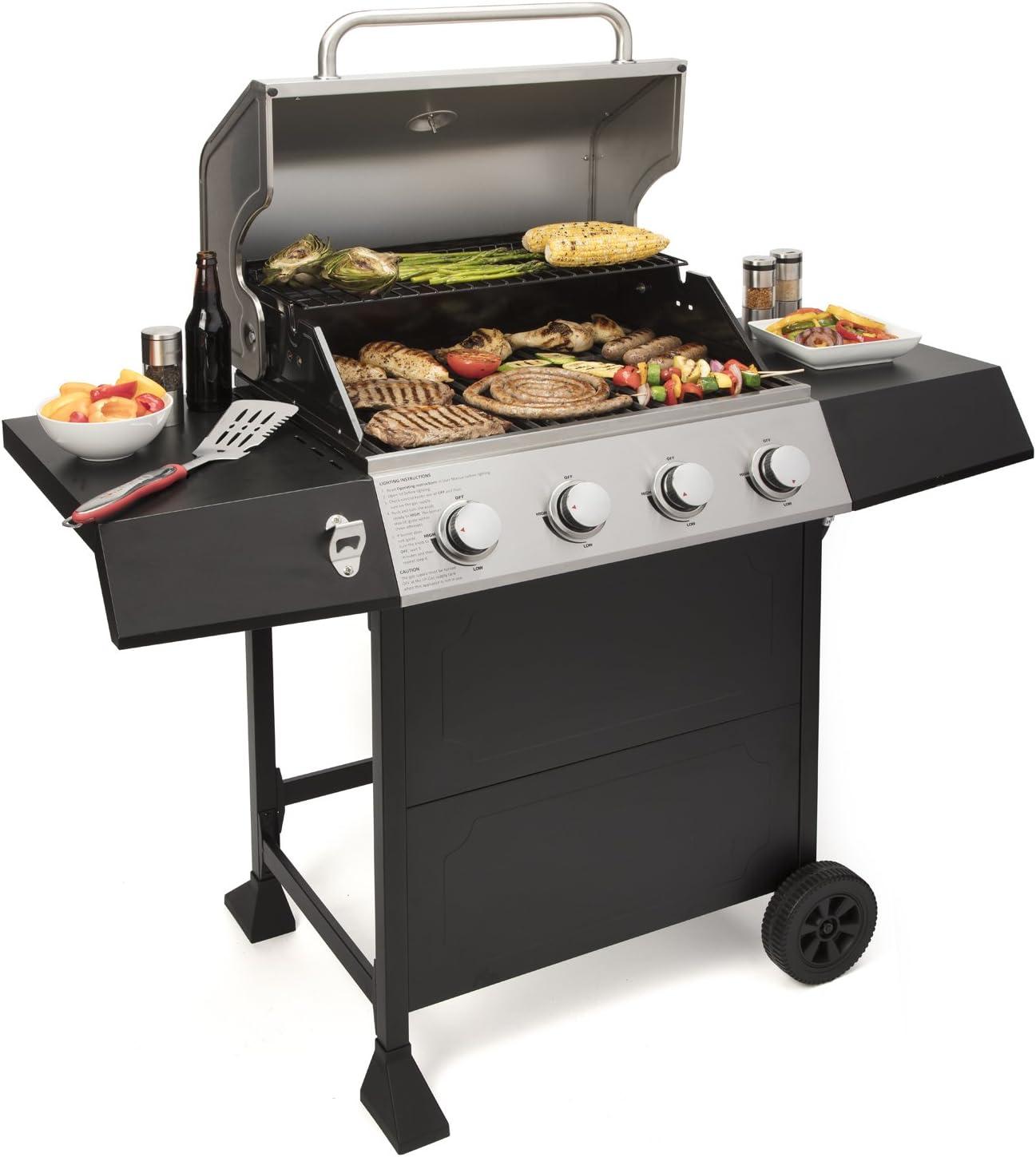 Stainless Steel Four-Burner Propane Gas Grill with Warming Rack