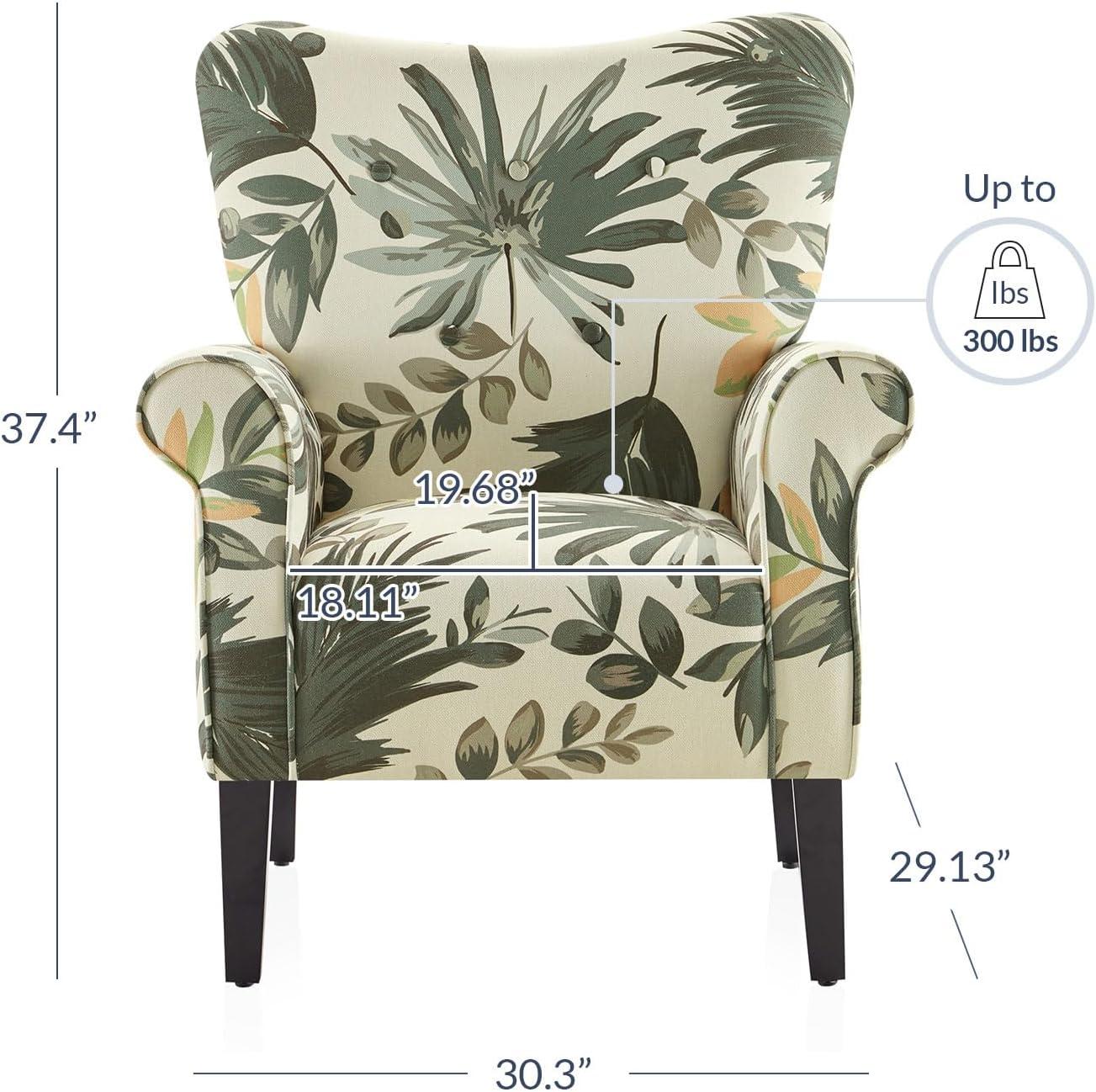 Green Floral Tufted Back Accent Chair with Wood Legs