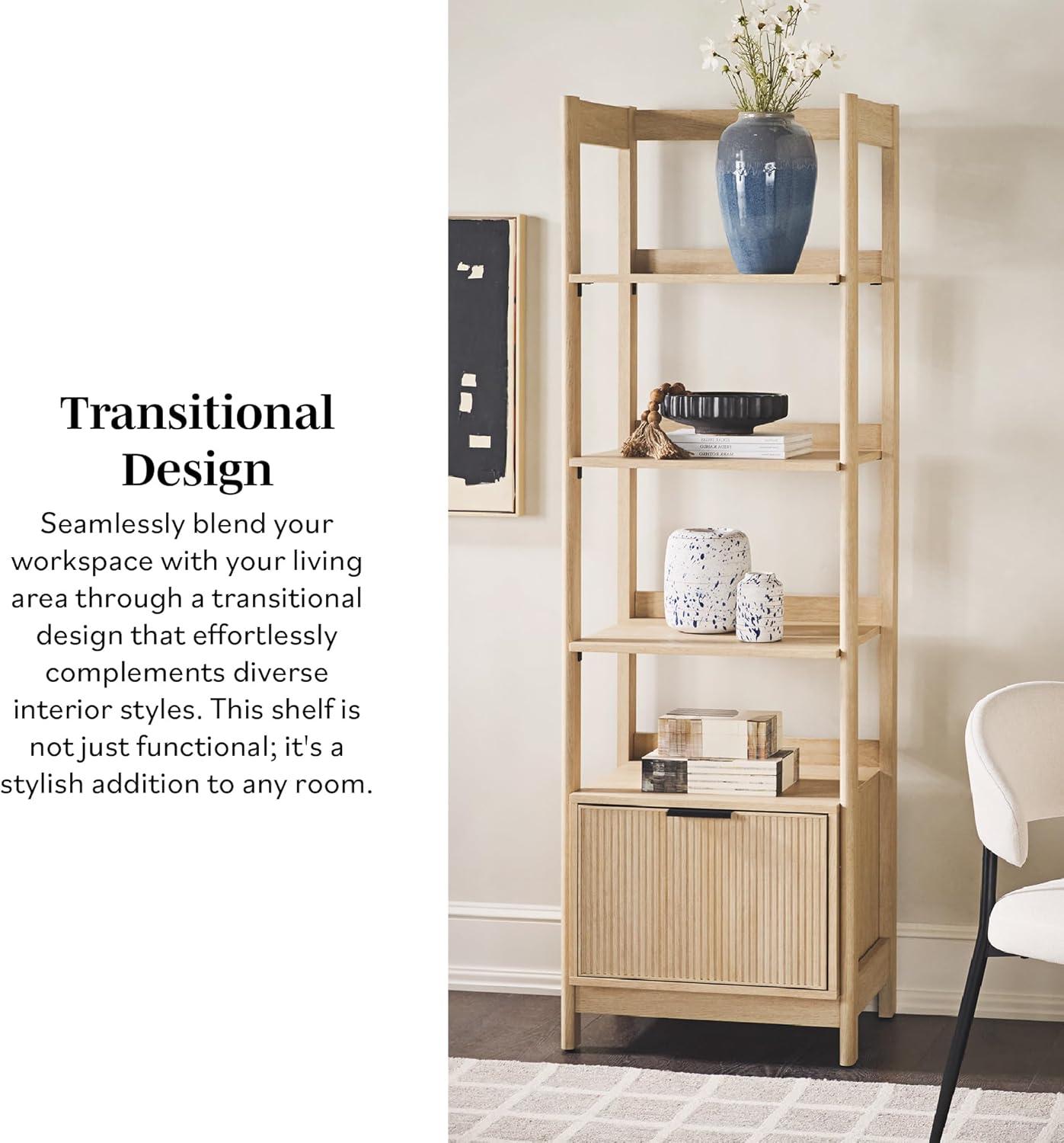 Coastal Oak Modern Reeded Bookshelf with Drawer