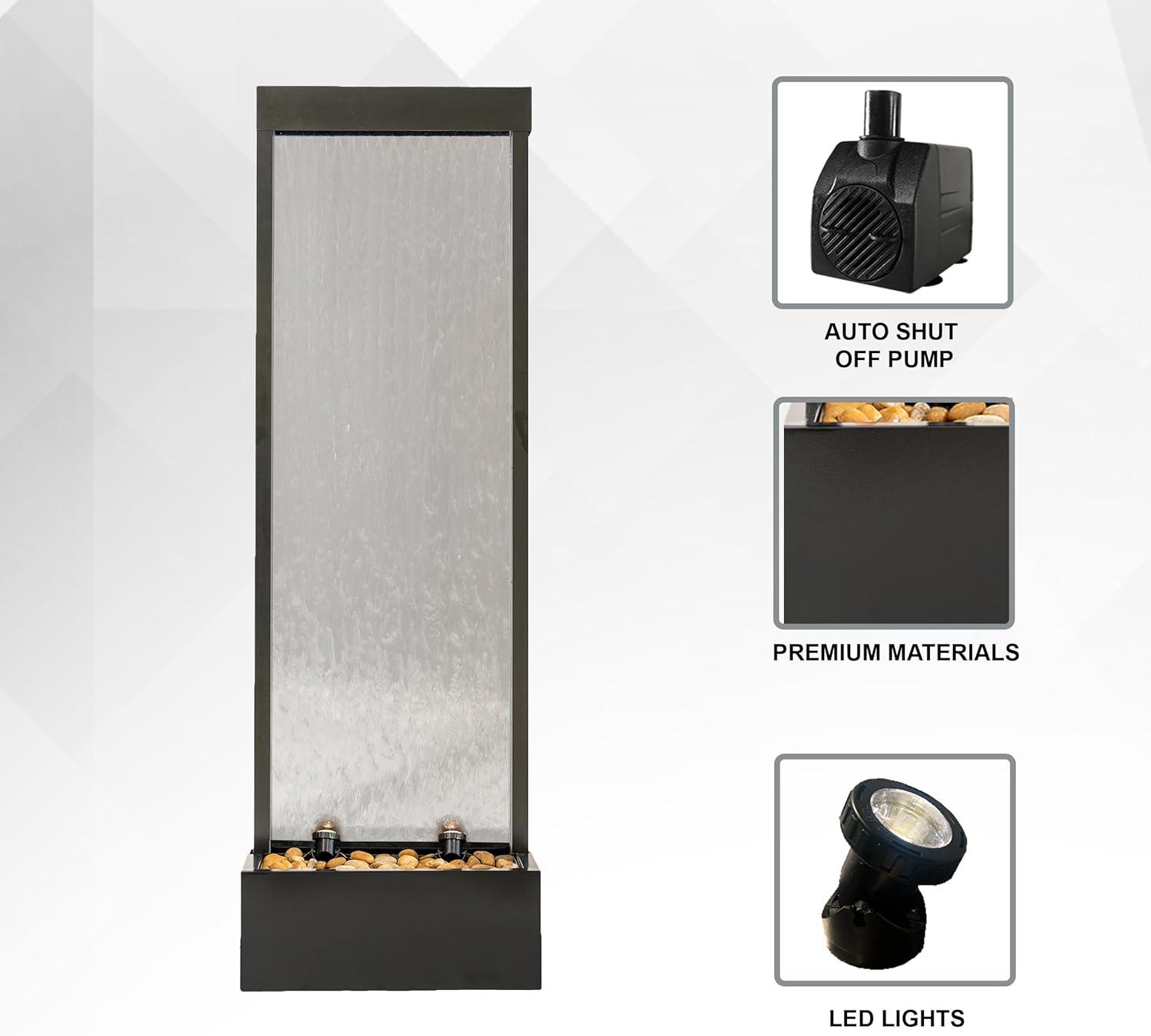 XBrand 68" H Freestanding Modern Indoor/Outdoor Waterfall Fountain w/ Decorative Rocks, LED Lights & Auto-Shut Off Pump, Aluminum/Clear Glass, Black