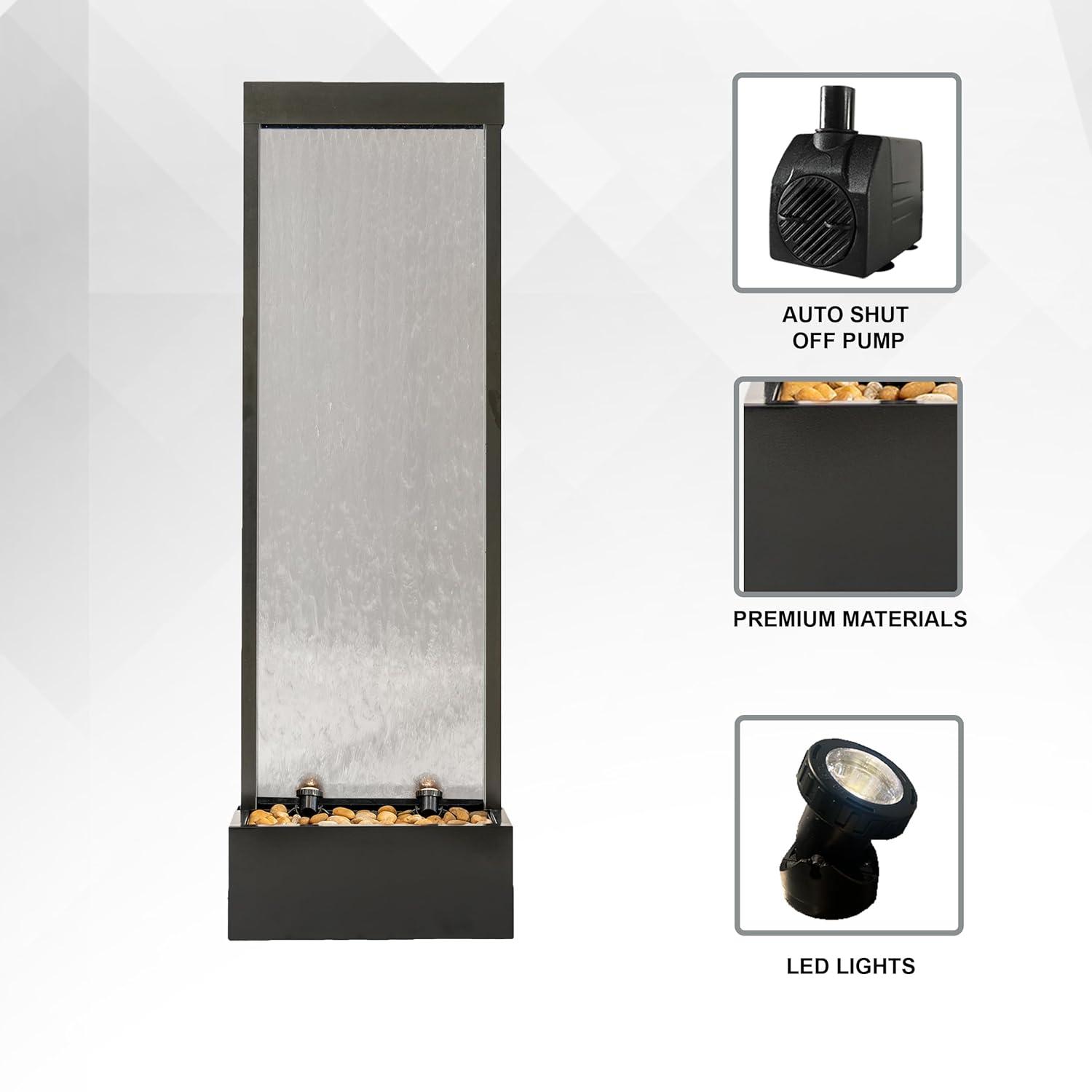 XBrand 68" H Freestanding Modern Indoor/Outdoor Waterfall Fountain w/ Decorative Rocks, LED Lights & Auto-Shut Off Pump, Aluminum/Clear Glass, Black