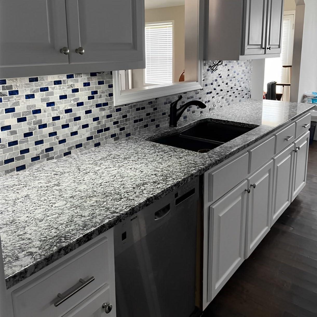 Navy Blue and Gray Polished Marble Glass Mosaic Tile