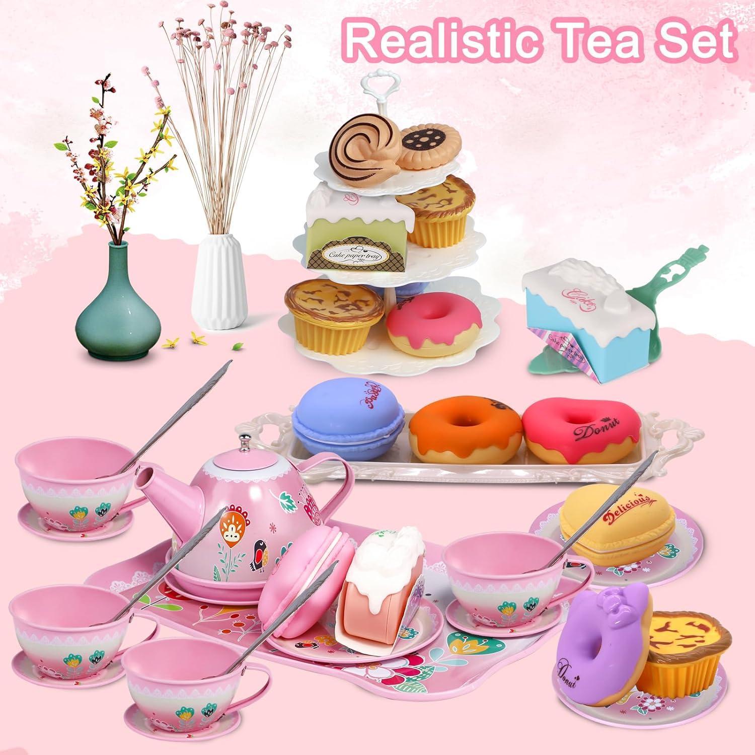 PRE-WORLD Tea Party Set for Little Girls, Princess Tea Time Toy Including Dessert,Cookies,Doughnut,Teapot Tray Cake, Tablecloth & Carrying Case,Kids Kitchen Pretend Play for Girls Boys Age 3-6